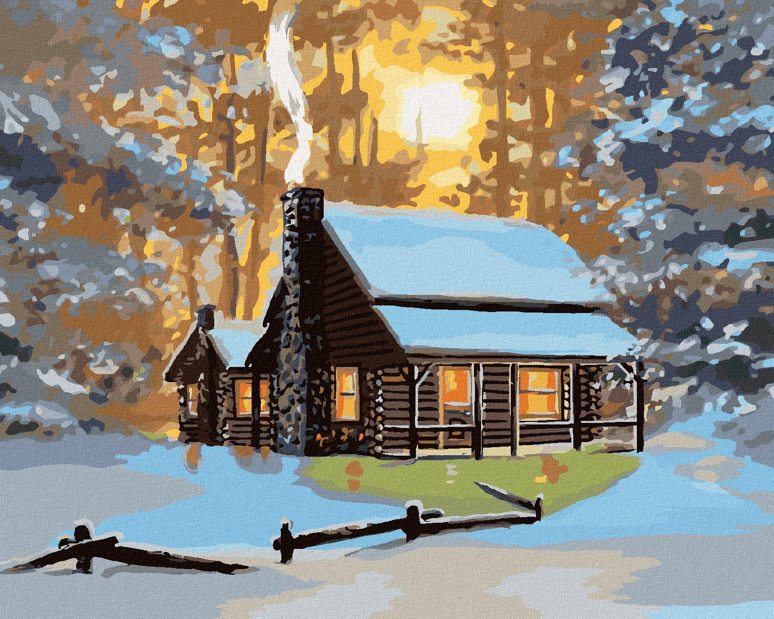 Zuty – Maľovanie podľa čísel – Chata v zime a západ slnka (D. Rusty Rust), 40 × 50 cm, plátno