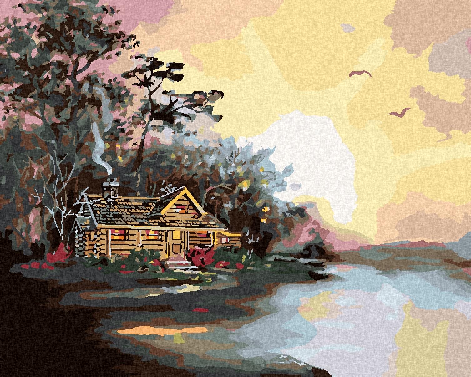 Zuty – Maľovanie Podľa Čísel – Chata Pri Jazere A Večerné Zore (D. Rusty Rust), 40 × 50 cm, Plátno