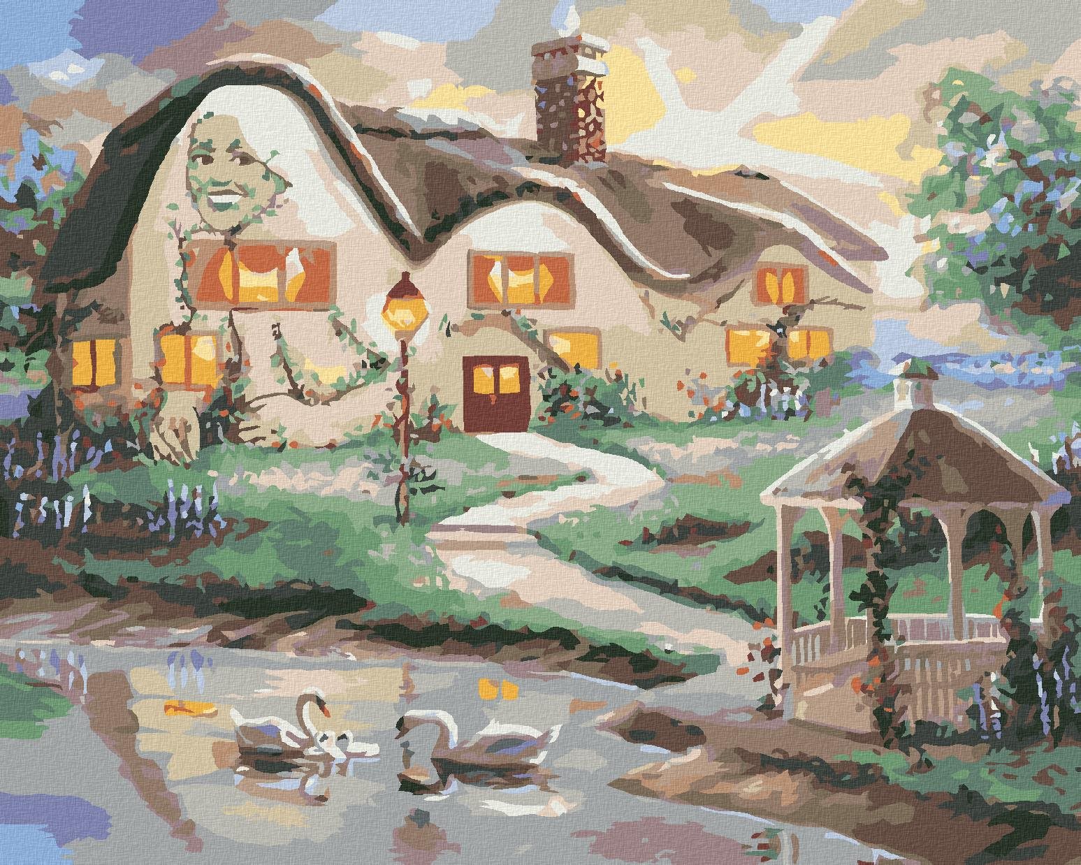 Zuty – Maľovanie podľa čísel – Labute na jazere a dom s altánkom (D. Rusty Rust), 40 × 50 cm, plátno + rám