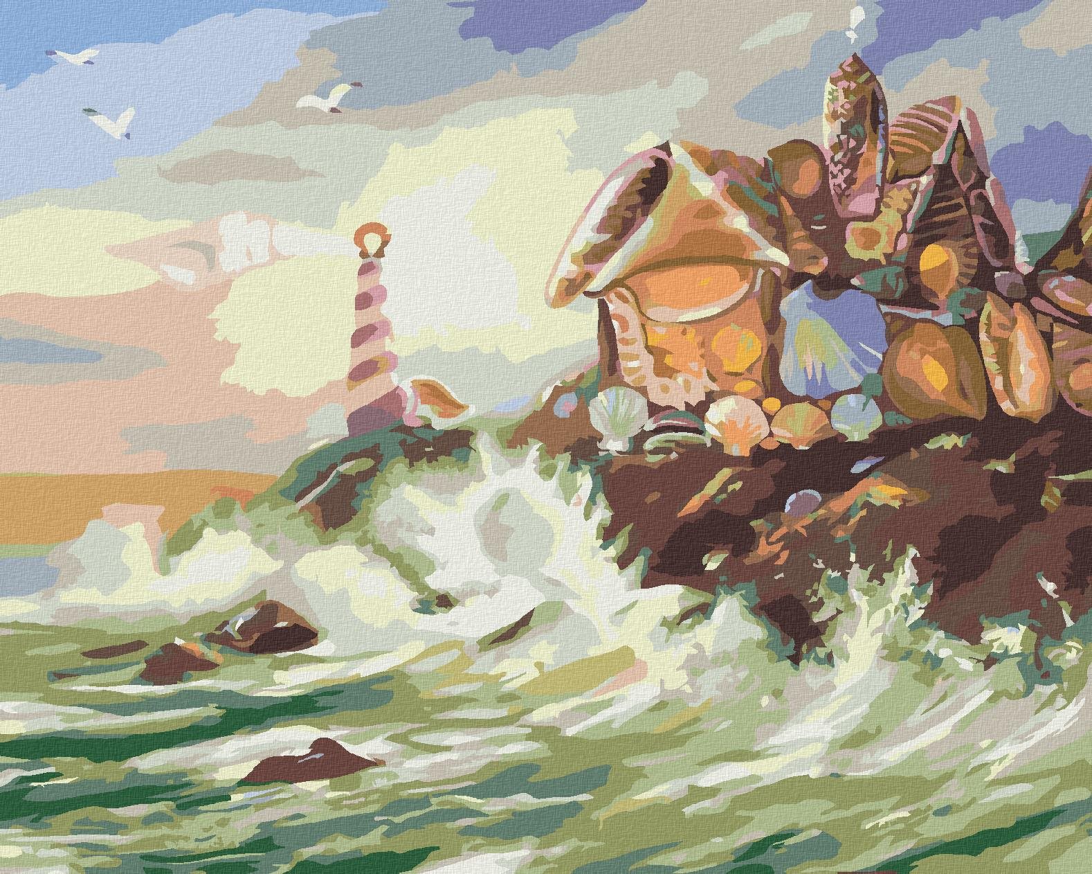 Zuty – Maľovanie Podľa Čísel – Dom A Maják Z Mušlí A Vlny (D. Rusty Rust), 40 × 50 cm, Plátno + Rám