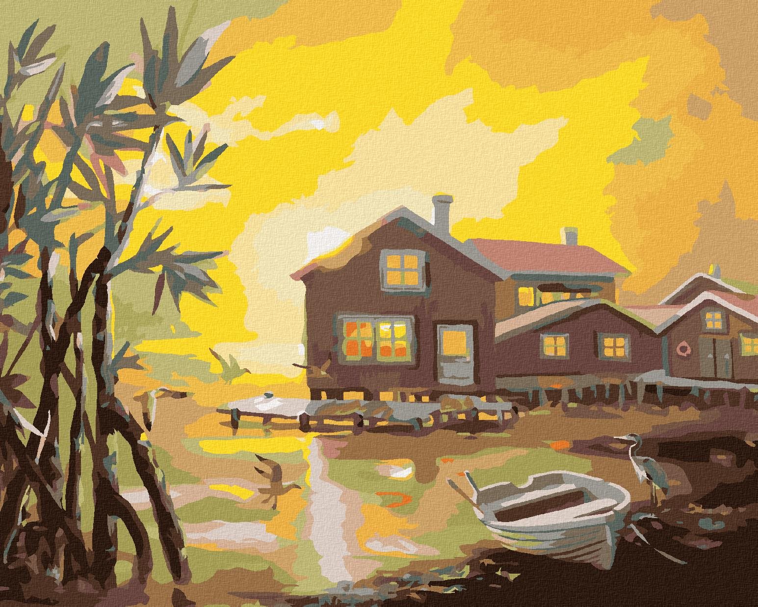 Zuty – Maľovanie podľa čísel – Domy s mólom pri jazere, volavka a čajky a západ Slnka (D. Rusty Rust), 40 × 50 cm, plátno + rám