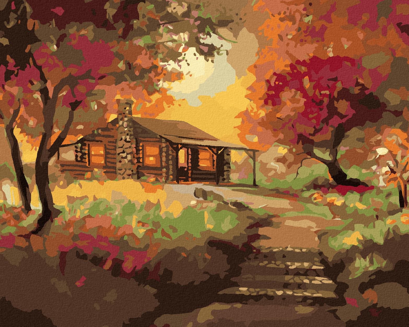 Zuty – Maľovanie podľa čísel – Zrub pri západe slnka na jeseň (D. Rusty Rust), 40 × 50 cm, plátno