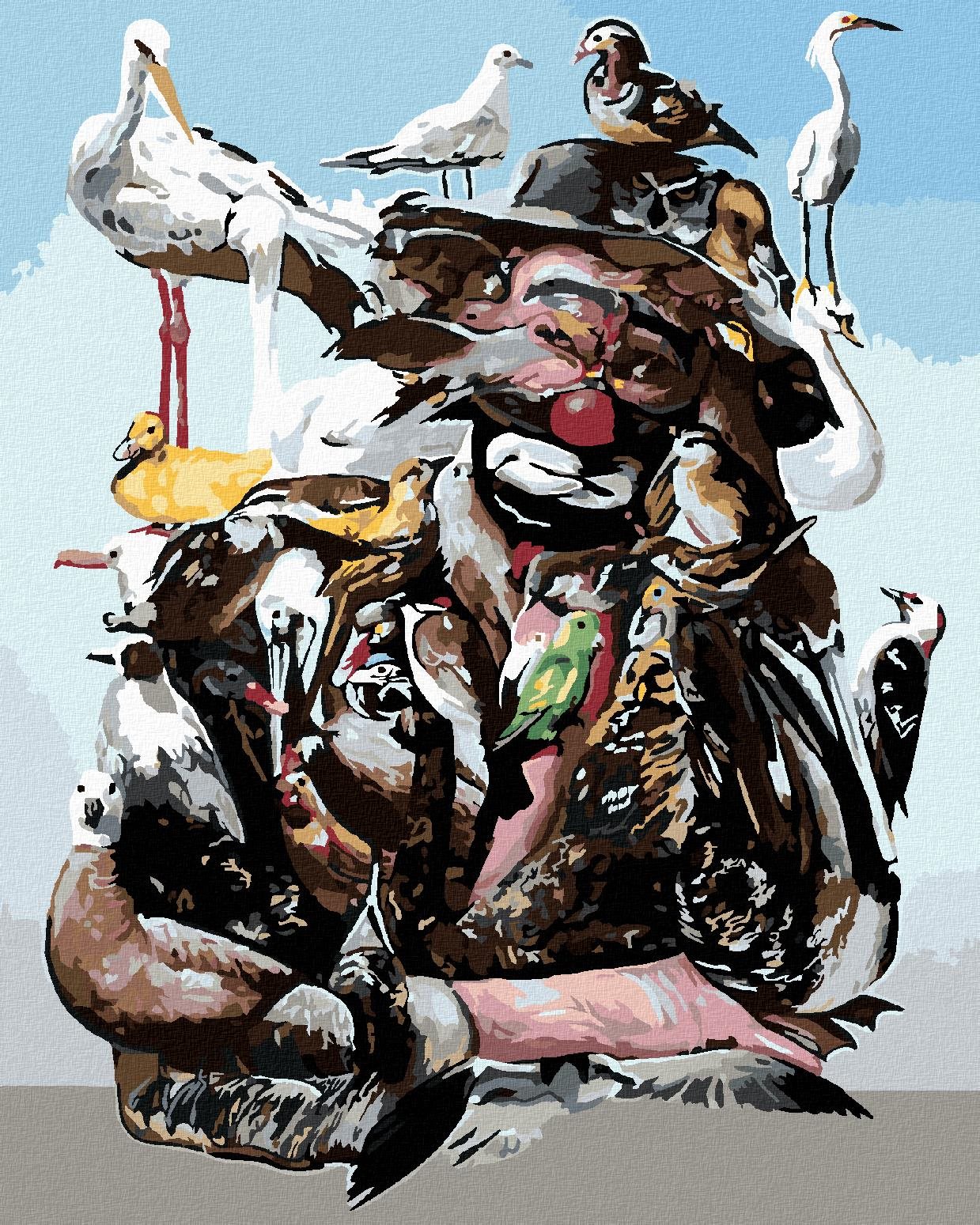 Zuty – Maľovanie podľa čísel – Smutný klaun skladaný zo zvierat (D. Rusty Rust), 80 × 100 cm, plátno + rám