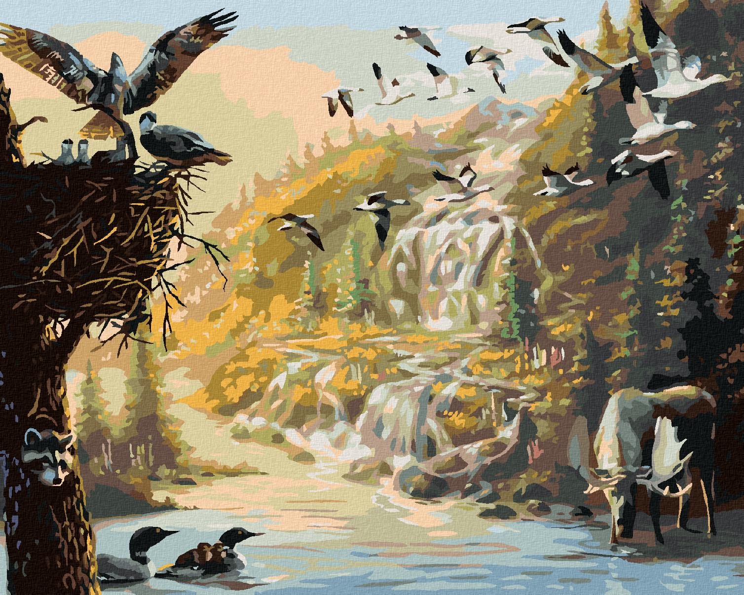 Zuty – Maľovanie podľa čísel – Los, vtáky a kačice pri napájadle (D. Rusty Rust), 40 × 50 cm, plátno