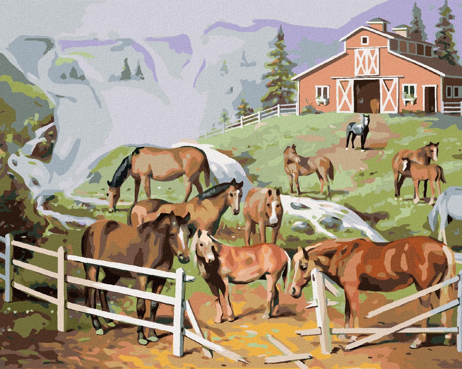 Zuty – Maľovanie Podľa Čísel – Kone Pri Zničenej Ohrade (D. Rusty Rust), 40 × 50 cm, Plátno + Rám