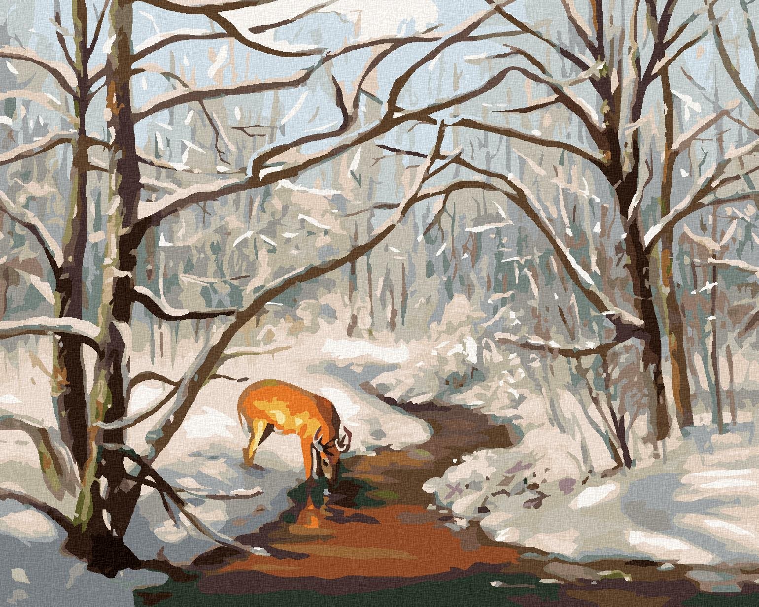 Zuty – Maľovanie Podľa Čísel – Srnec V Lese A Rieka V Zime (D. Rusty Rust), 40 × 50 cm, Plátno