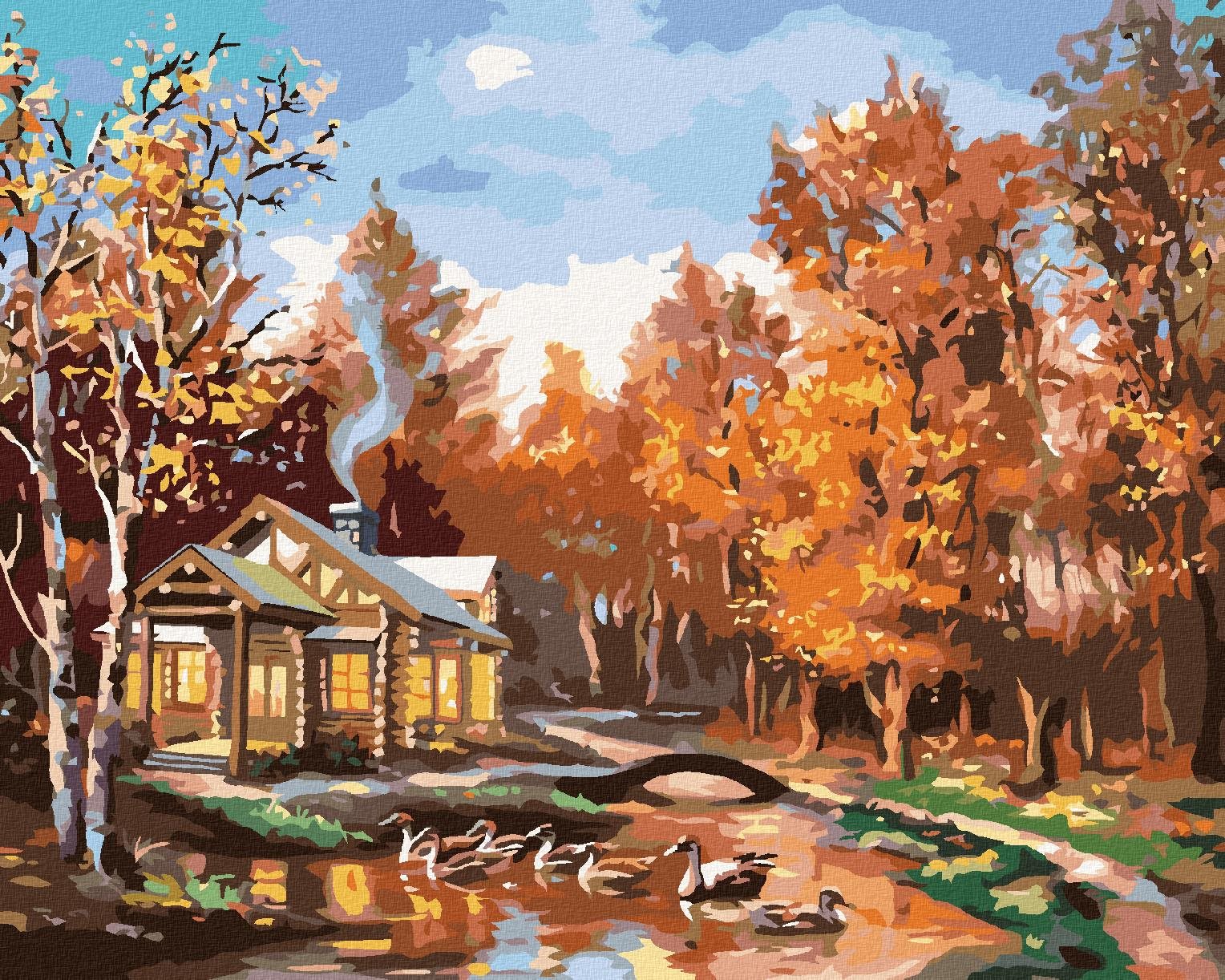 Zuty – Maľovanie Podľa Čísel – Zrub V Jesennom Lese A Kačice (D. Rusty Rust), 40 × 50 cm, Plátno + Rám