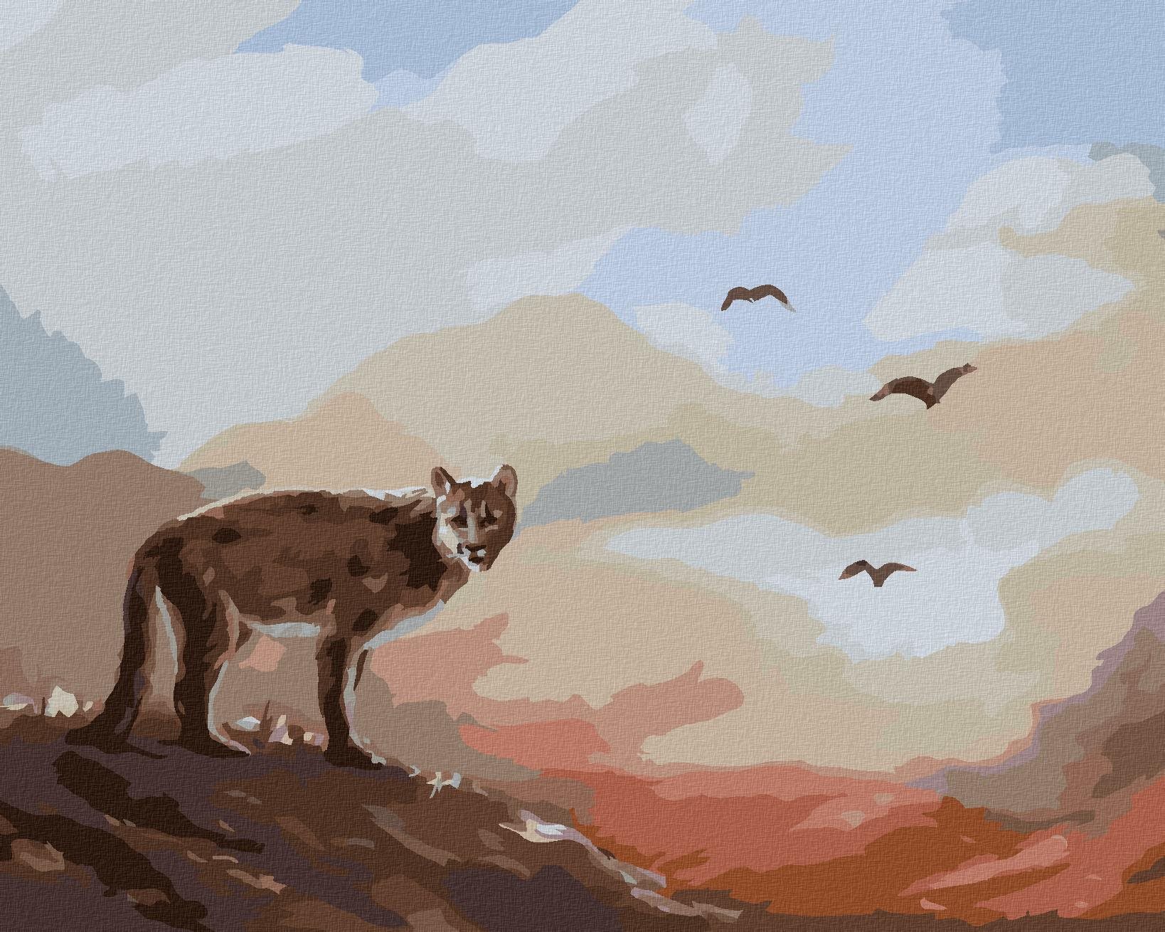 Zuty – Maľovanie Podľa Čísel – Puma, Vtáky A Západ Slnka (D. Rusty Rust), 40 × 50 cm, Plátno + Rám