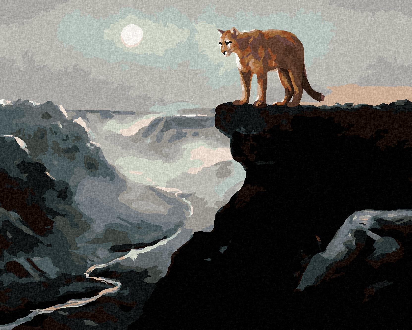 Zuty – Maľovanie Podľa Čísel – Puma Na Skale, Rieka V Údolí A Mesiac (D. Rusty Rust), 40 × 50 cm, Plátno + Rám