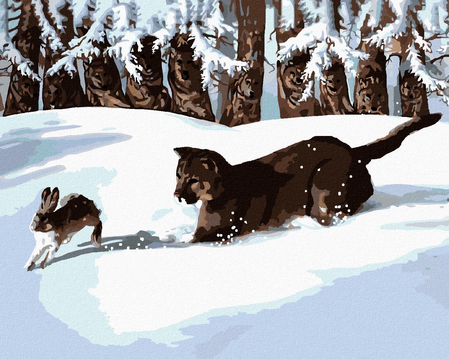 Zuty – Maľovanie Podľa Čísel – Puma Loviaca Zajaca V Snehu (D. Rusty Rust), 40 × 50 cm, Plátno + Rám