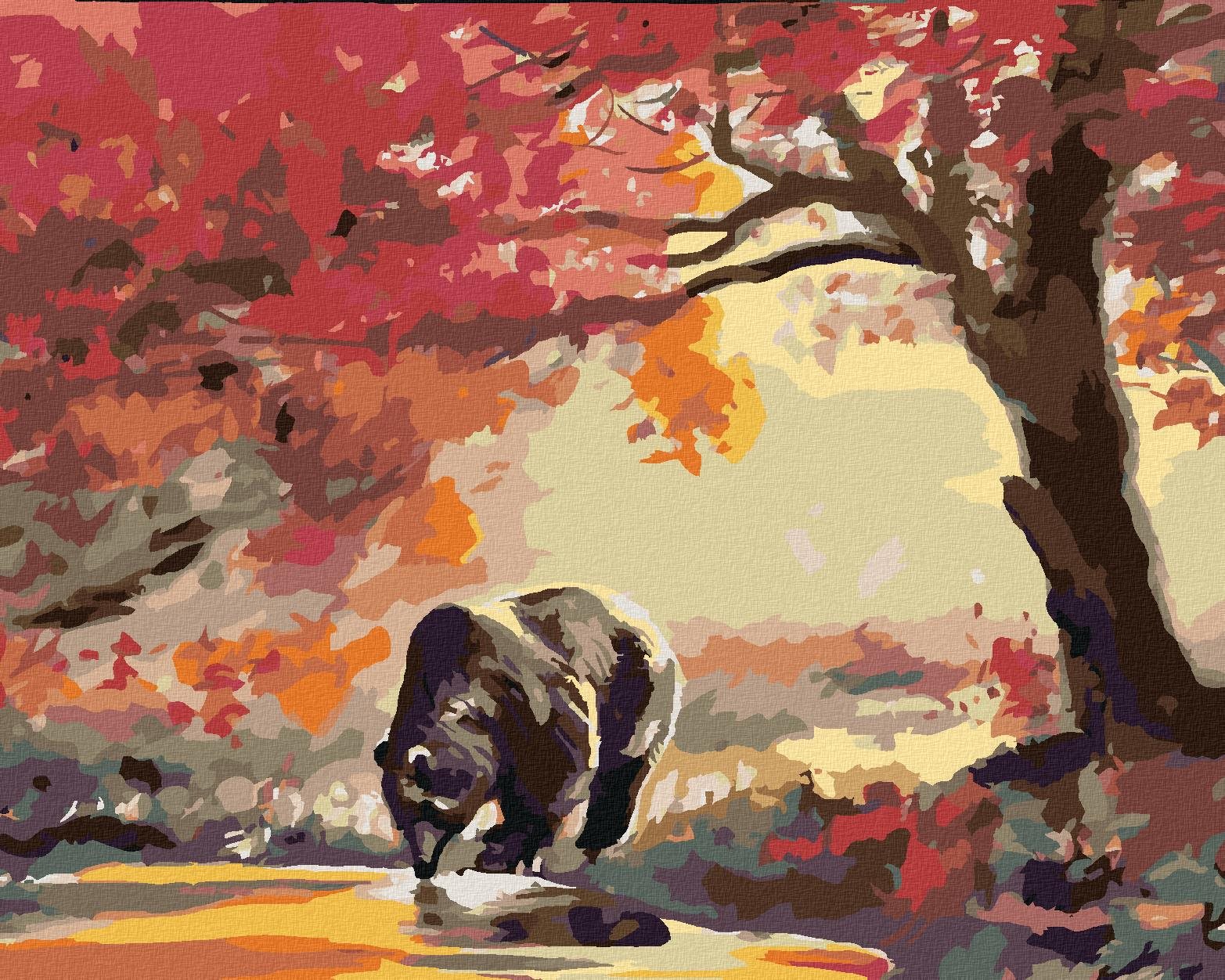 Zuty – Maľovanie Podľa Čísel – Pijúci Medveď A Jesenný Les (D. Rusty Rust), 80 × 100 cm, Plátno + Rám