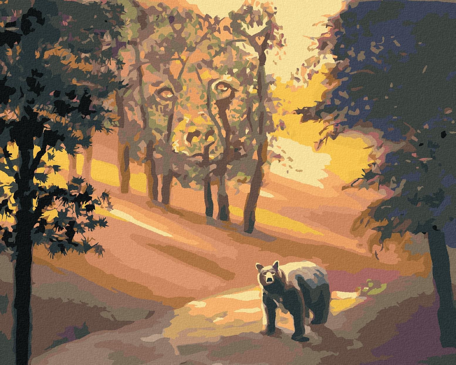 Zuty – Maľovanie Podľa Čísel – Medveď V Lese A Západ Slnka (D. Rusty Rust), 40 × 50 cm, Plátno + Rám