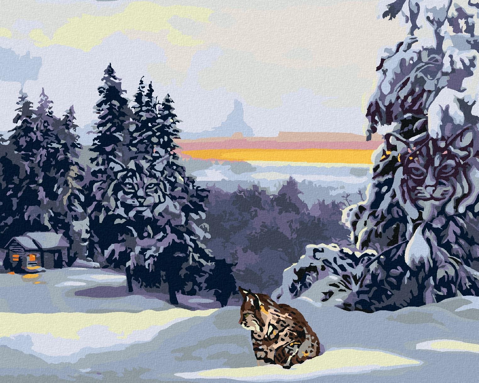 Zuty – Maľovanie Podľa Čísel – Rys V Snehu, Chata A Les (D. Rusty Rust), 80 × 100 cm, Plátno