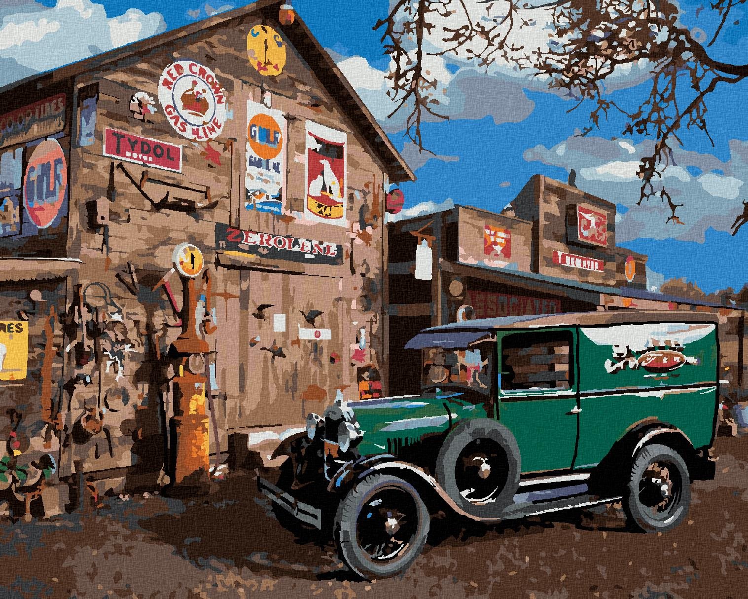 Zuty – Maľovanie Podľa Čísel – Auto Veterán Pri Stodole (Dennis Frates), 40 × 50 cm, Plátno + Rám