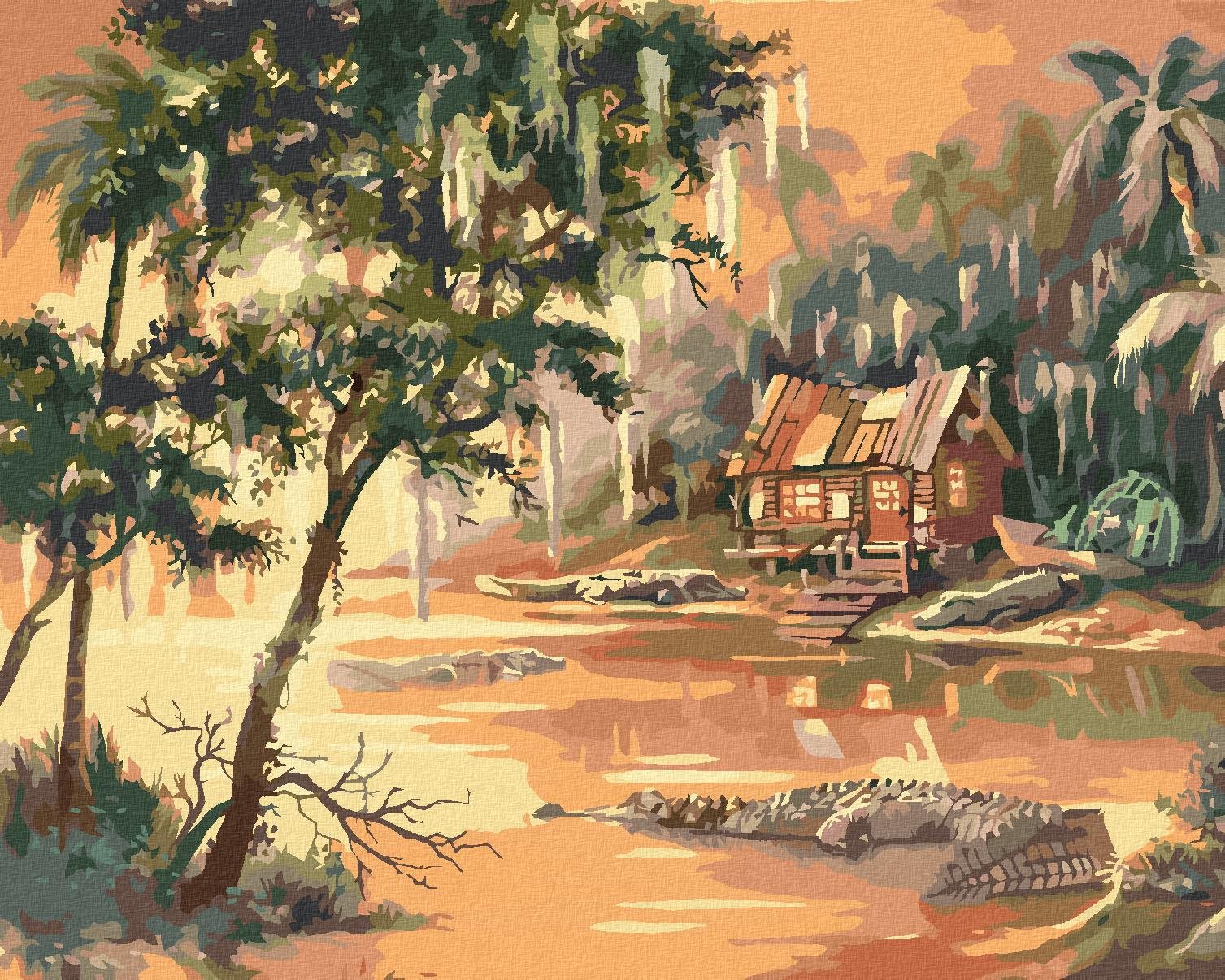 Zuty – Maľovanie Podľa Čísel – Aligátory Vo Vode A Chata V Džungli (D. Rusty Rust), 40 × 50 cm, Plátno