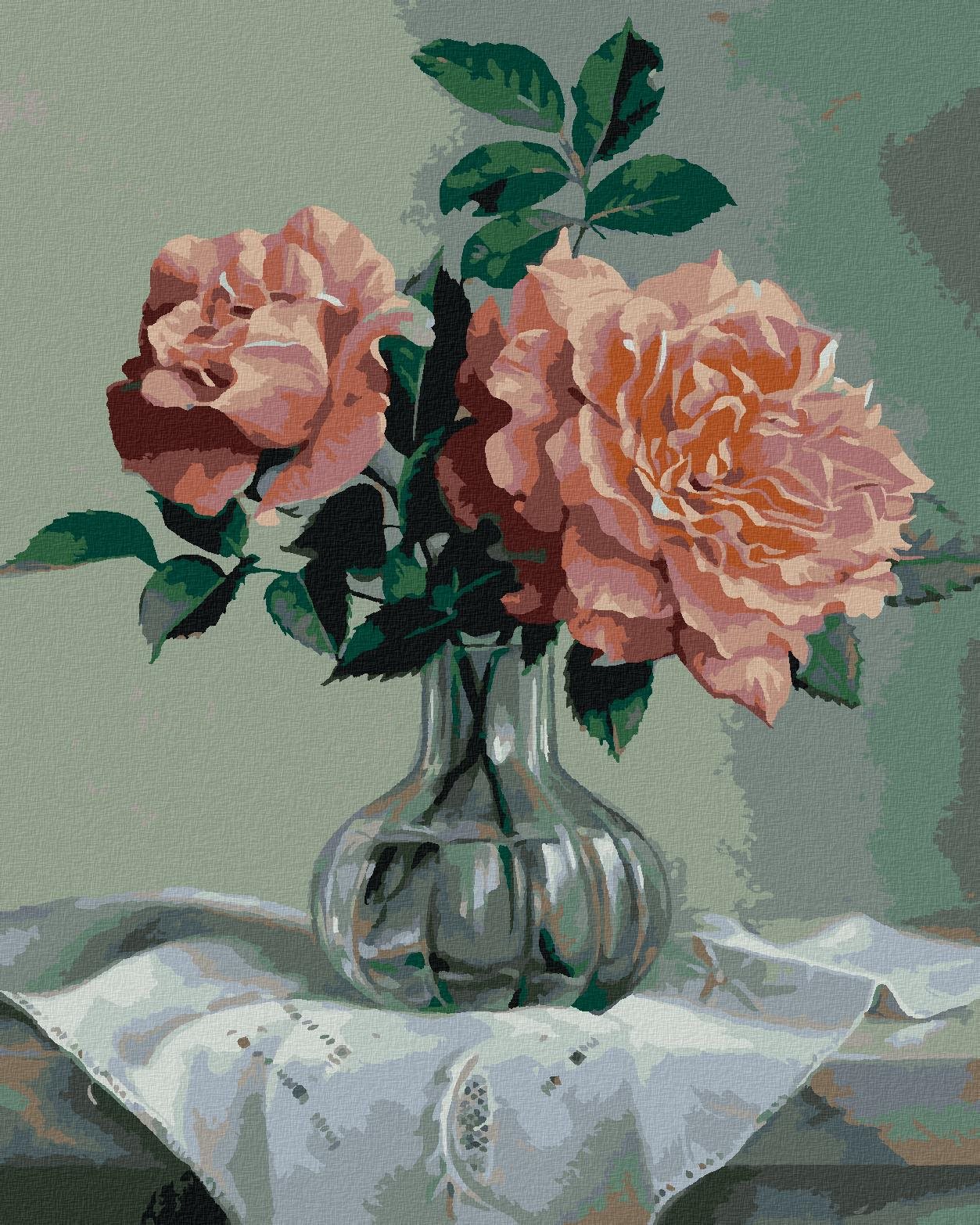 Zuty – Maľovanie Podľa Čísel – Zátišie Ružové Ruže V Sklenenej Váze (Pieter Wagemans), 40 × 50 cm, Plátno