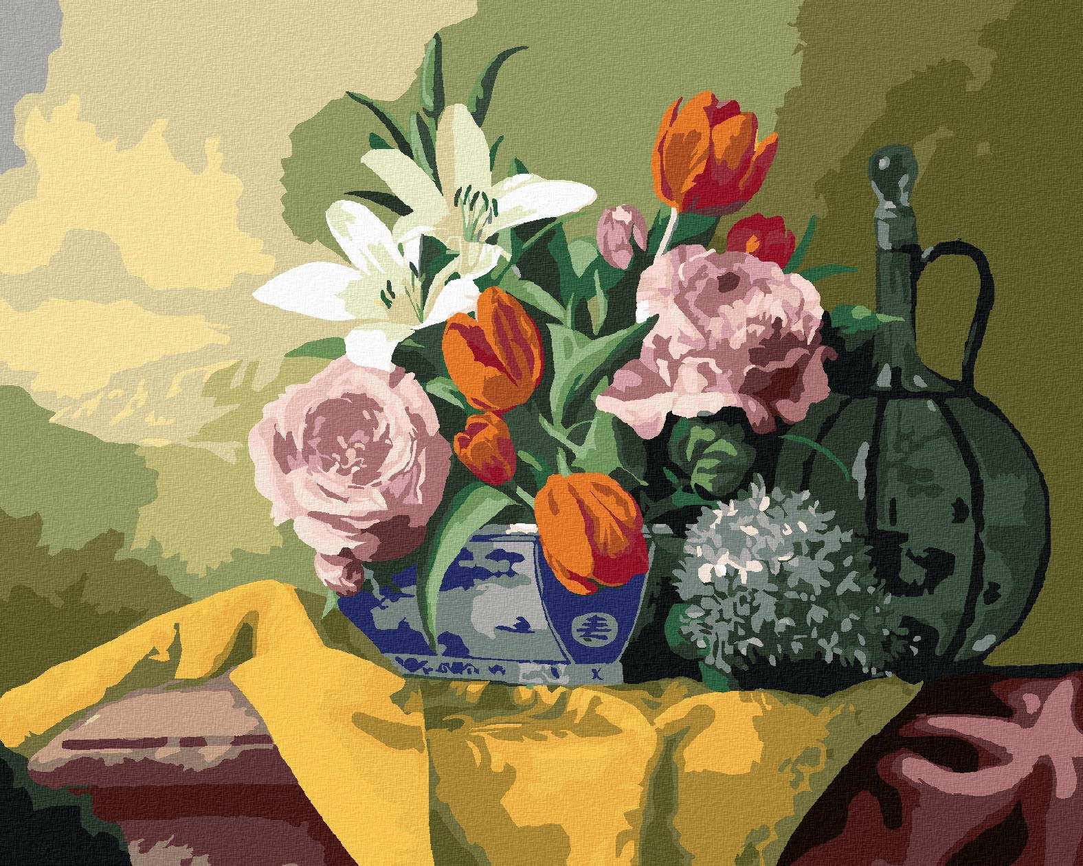Zuty – Maľovanie Podľa Čísel – Zátišie Tulipány, Ľalie, Hortenzie A Ruže Na Žltom Obruse (Pieter Wage), 40 × 50 cm, Plátno + Rám