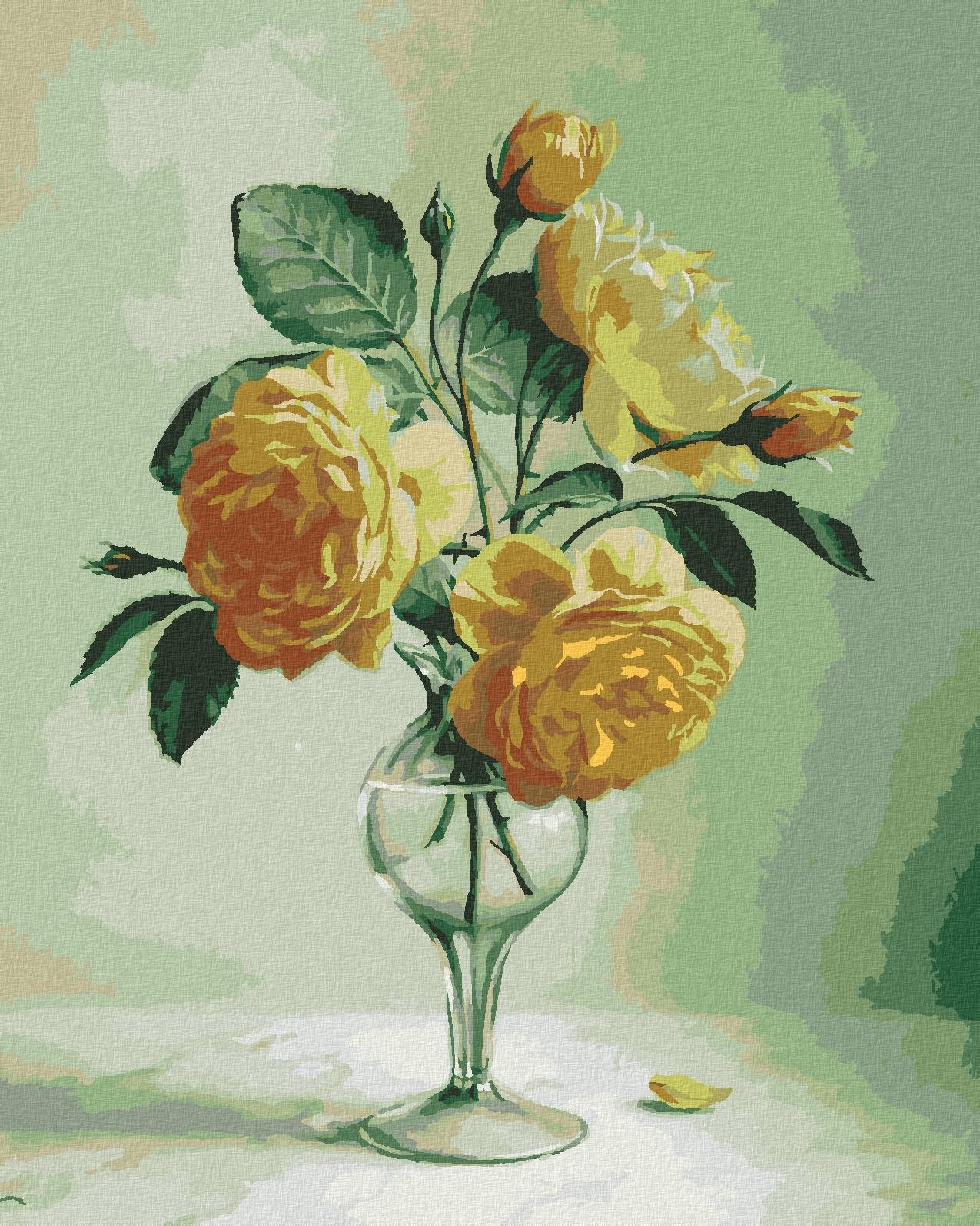 Zuty – Maľovanie podľa čísel – Zátišie žlté ruže v sklenenej váze (Pieter Wagemans), 40 × 50 cm, plátno