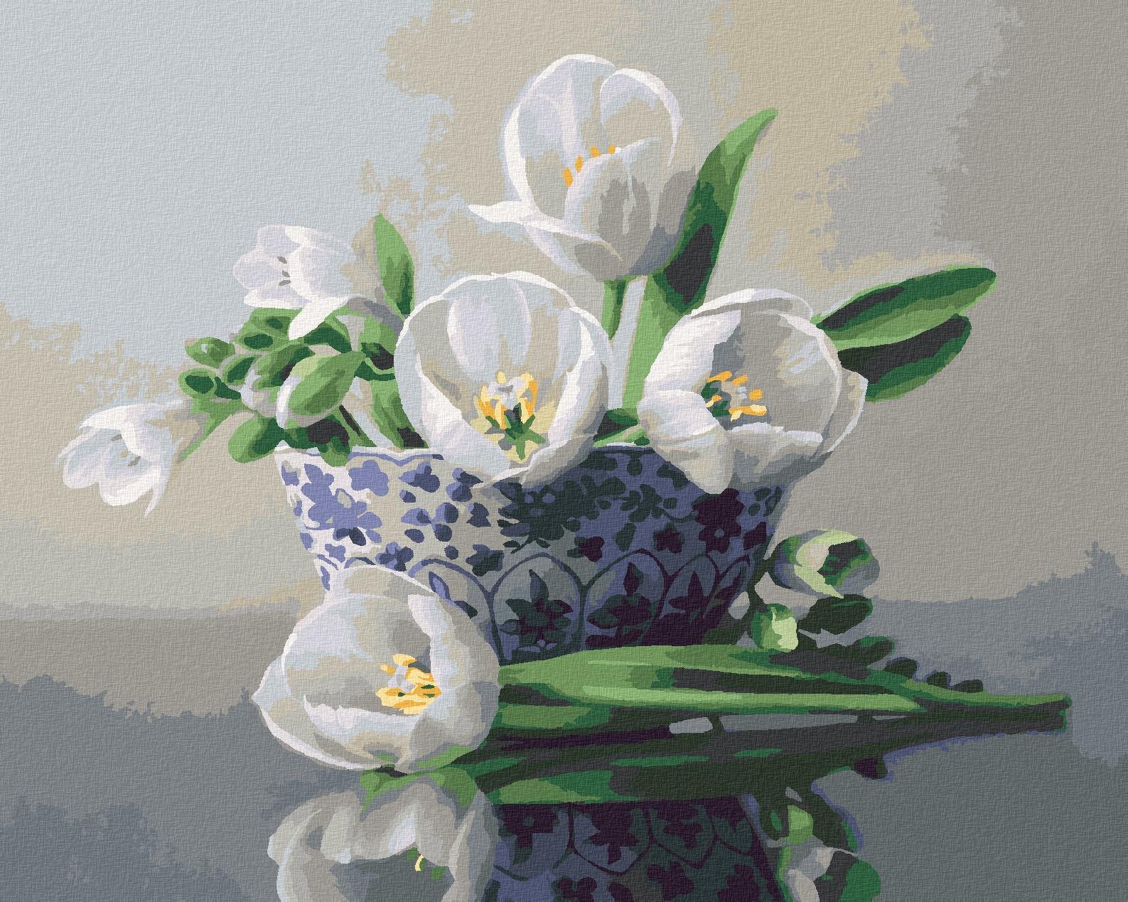 Zuty – Maľovanie podľa čísel – Zátišie biele tulipány v modro-bielej mise (Pieter Wagemans), 40 × 50 cm, plátno