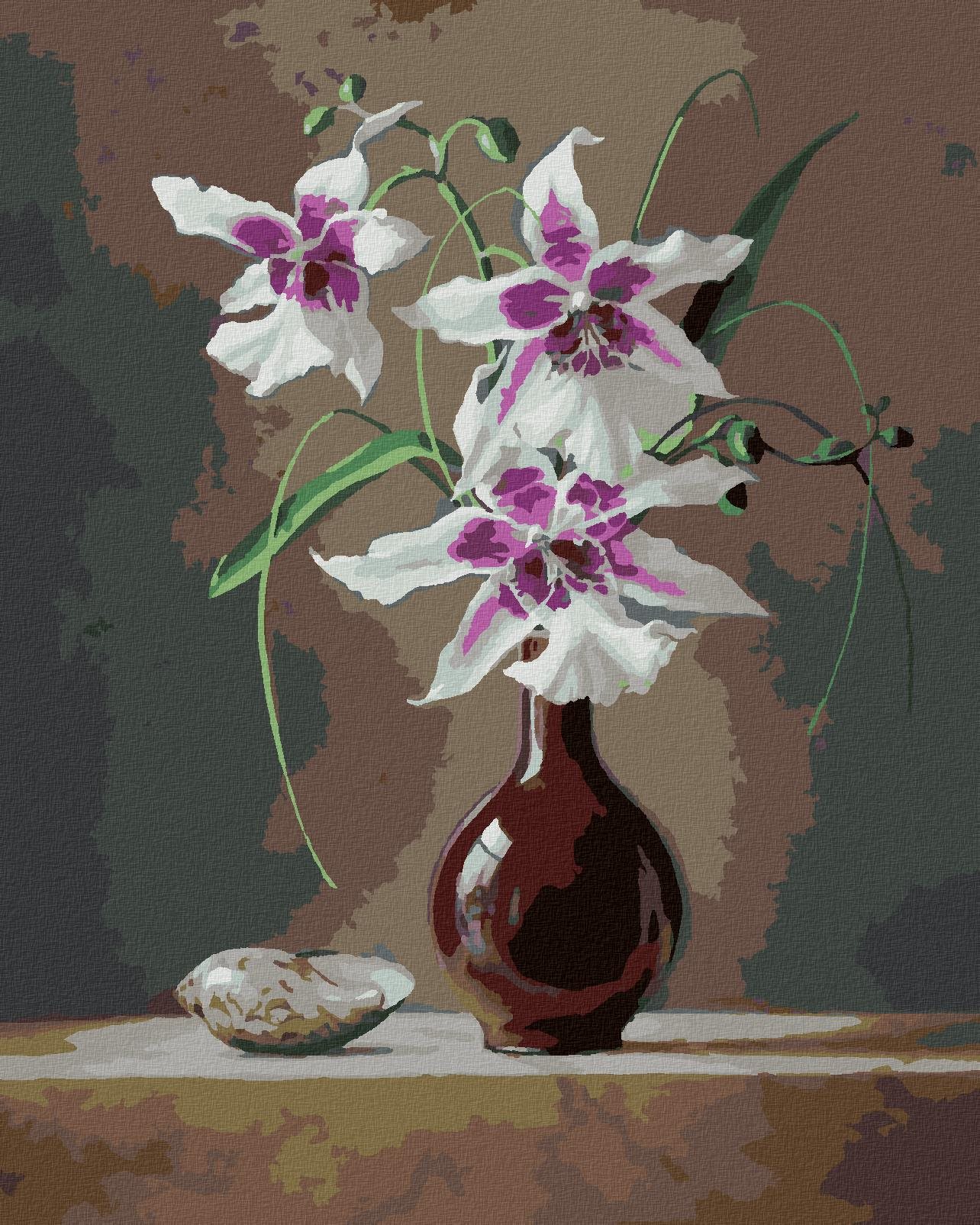 Zuty – Maľovanie podľa čísel – Zátišie orchidea v červenej váze a mušľa (Pieter Wagemans), 40 × 50 cm, plátno + rám