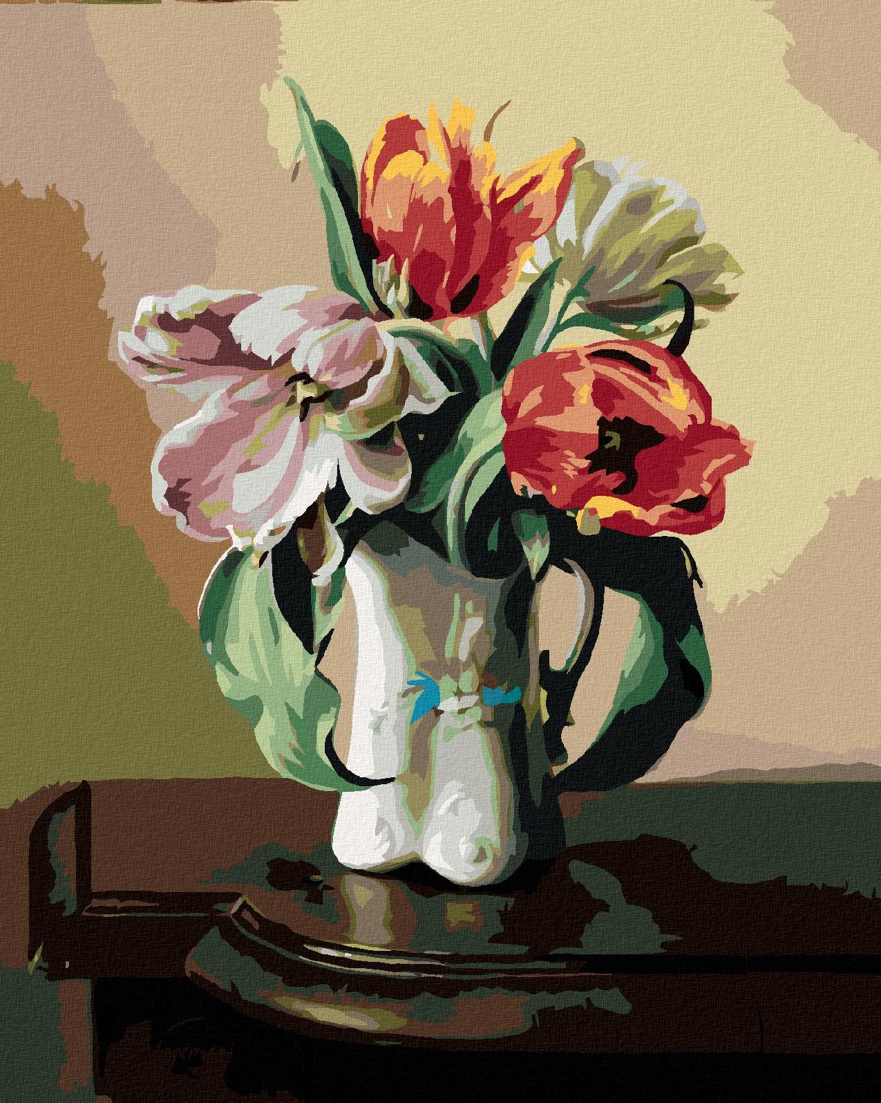 Zuty - Maľovanie podľa čísel - Zátišie s tulipánmi v porcelánovej váze na stole (Pieter Wagemans), 80 × 100 cm