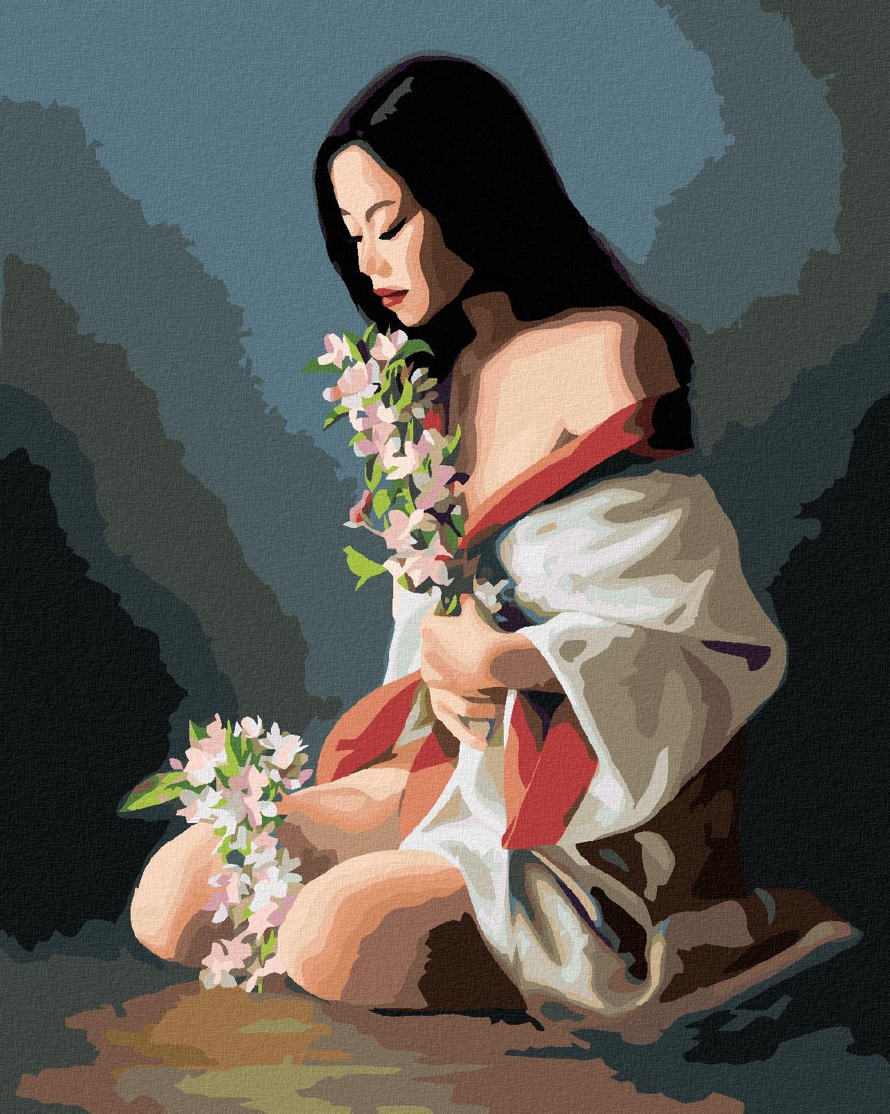 Zuty – Maľovanie podľa čísel – Dievča v župane a biele kvety (Pieter Wagemans), 40 × 50 cm, plátno