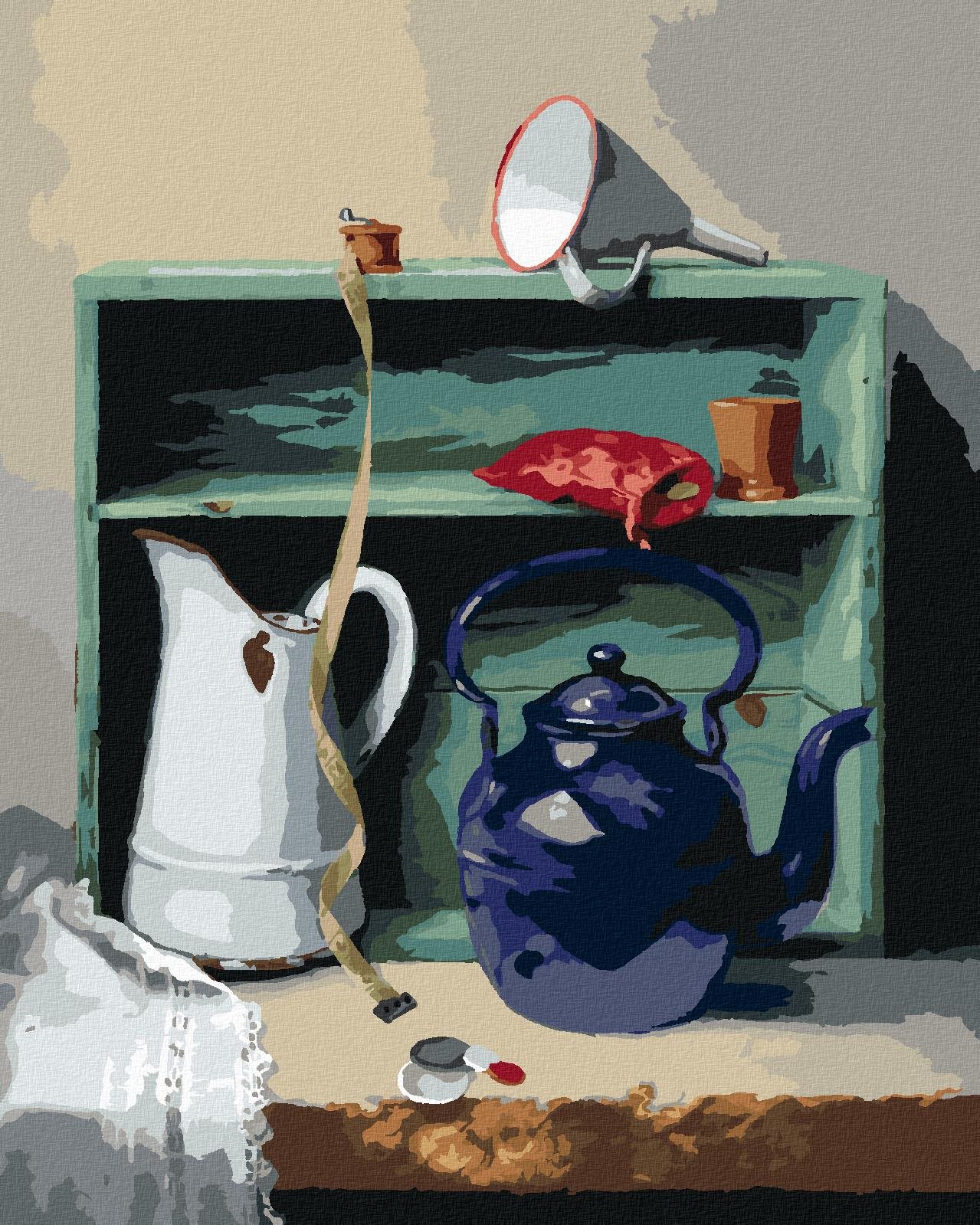 Zuty – Maľovanie podľa čísel – Zátišie kanvice, krajčírskeho metra a skrine (Pieter Wagemans), 40 × 50 cm, plátno
