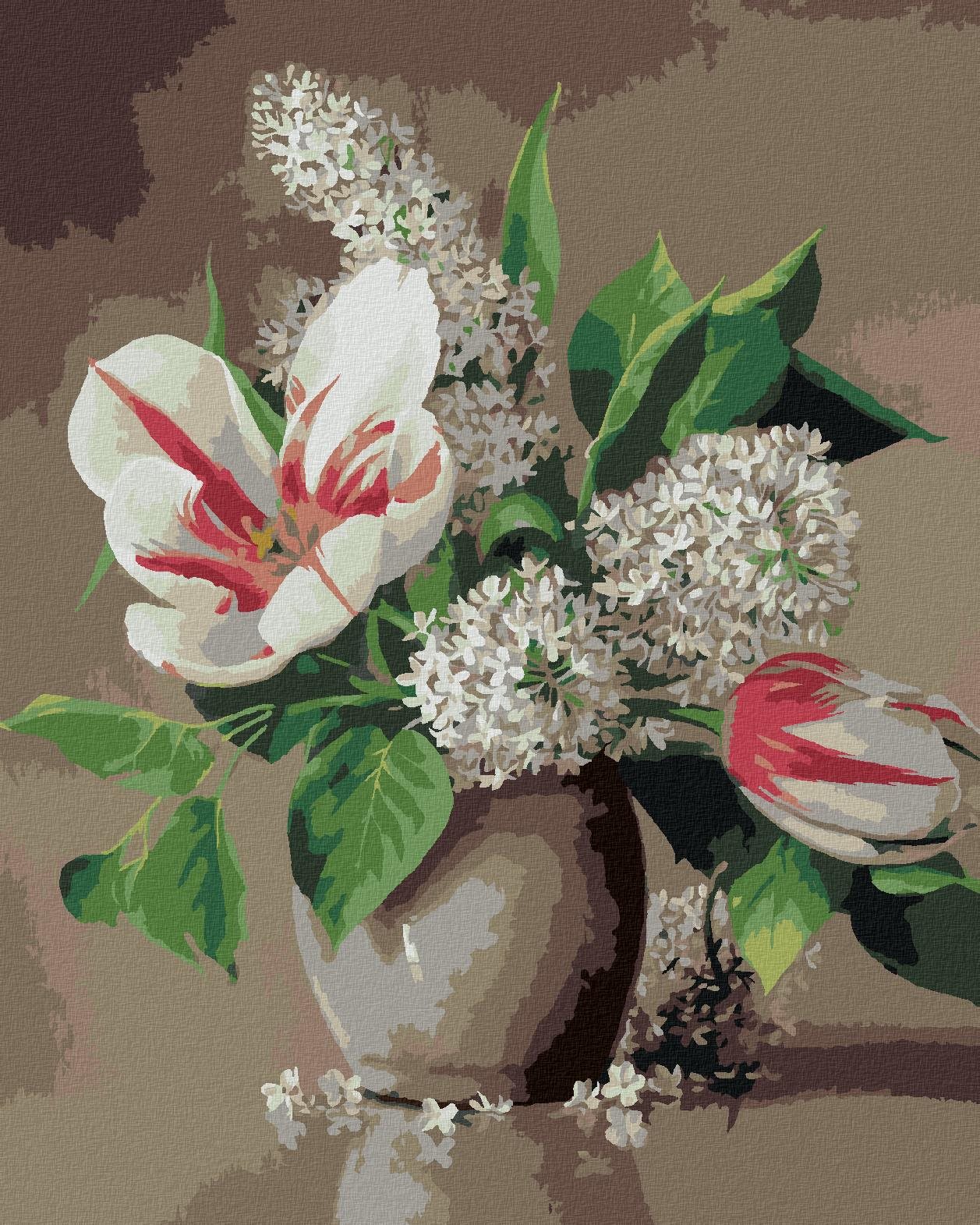 Zuty – Maľovanie podľa čísel – Zátišie tulipán a orgován v keramickom kvetináči (Pieter Wagemans), 40 × 50 cm, plátno + rám