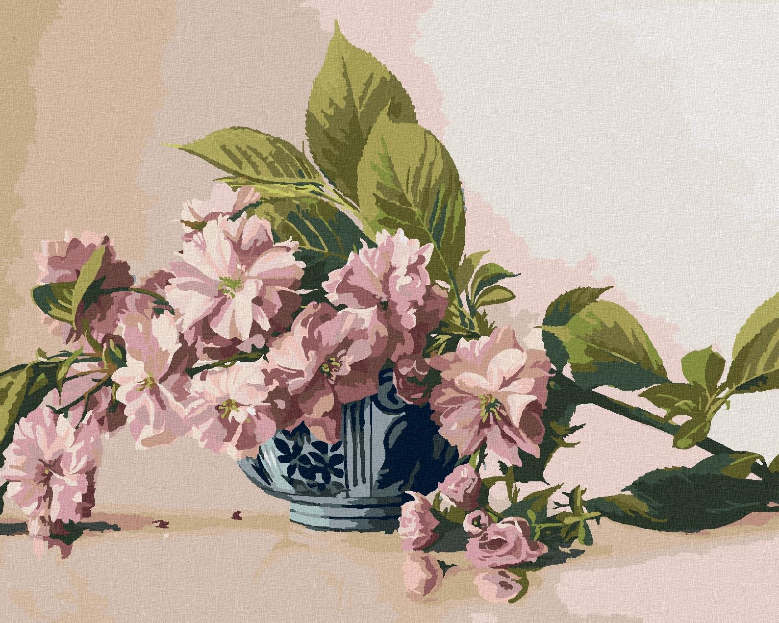 Zuty – Maľovanie podľa čísel – Zátišie vetva kvitnúcej Sakury v porcelánovej mise (Pieter Wagemans), 40 × 50 cm, plátno + rám