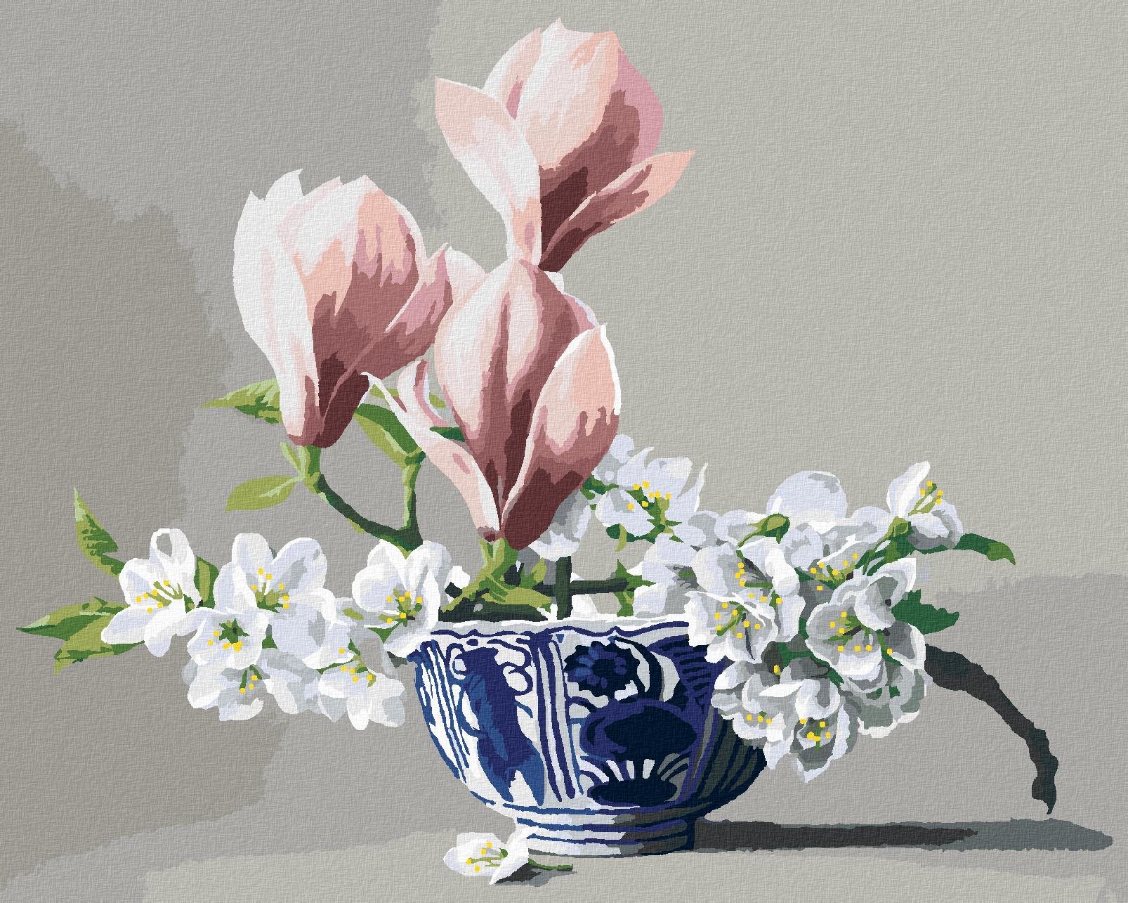 Zuty – Maľovanie podľa čísel – Zátišie kvety jablone a magnólia v porcelánovej mise (Pieter Wagemans), 40 × 50 cm, plátno