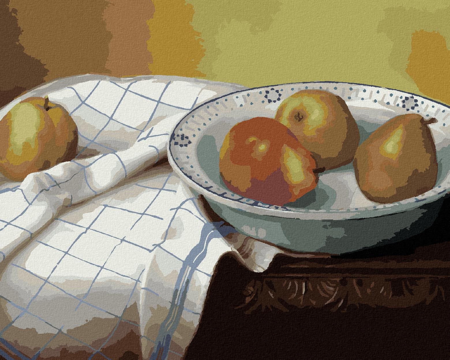 Zuty – Maľovanie podľa čísel – Zátišie hrušky v miske a biela utierka (Pieter Wagemans), 40 × 50 cm, plátno + rám