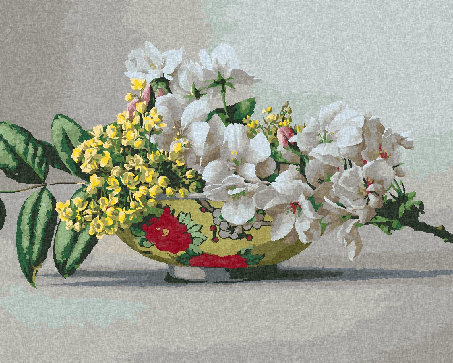 Zuty – Maľovanie podľa čísel – Zátišie kvitnúca jabloň a helipterum humboldtianum v maľovanej váze (Pieter Wagemans), 40 × 50 cm, plátno