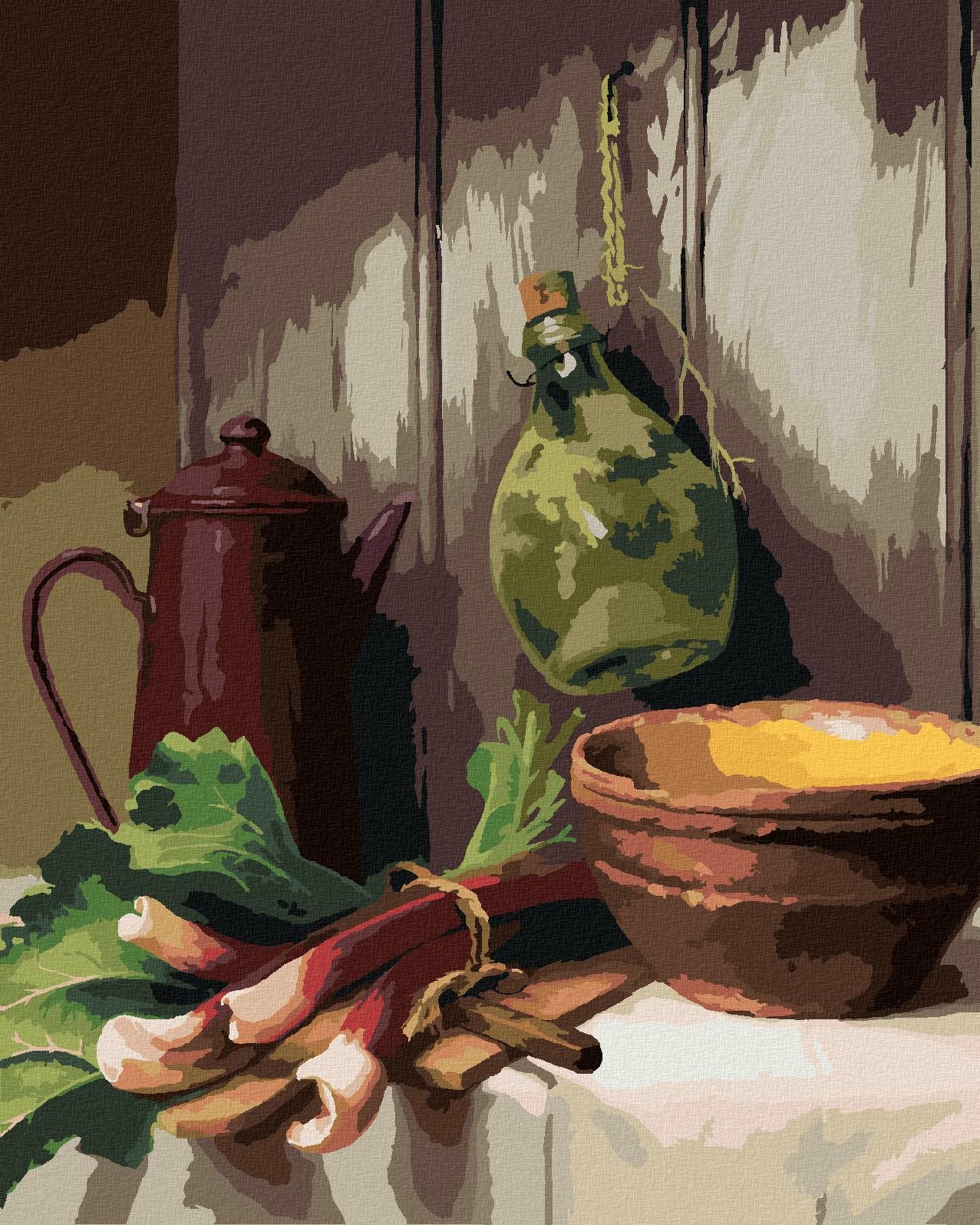 Zuty - Maľovanie podľa čísel - Zátišie s rebarborou, kanvicou, misou a sklenenou fľašou (Pieter Wagemans), 80 × 100 cm