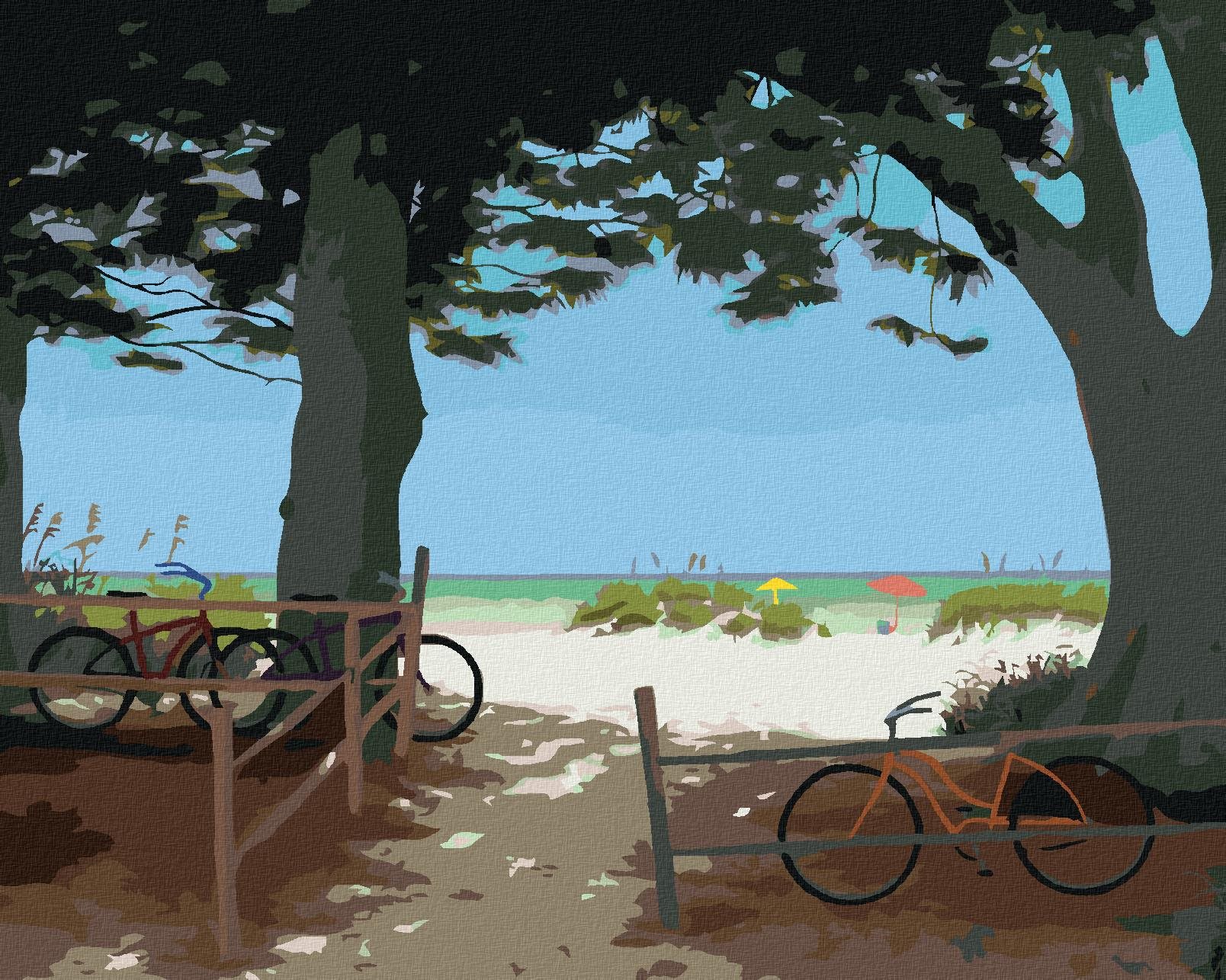 Zuty – Maľovanie Podľa Čísel – Bicykle A Stromy Pri Pláži (Robert Johnson), 80 × 100 cm, Plátno