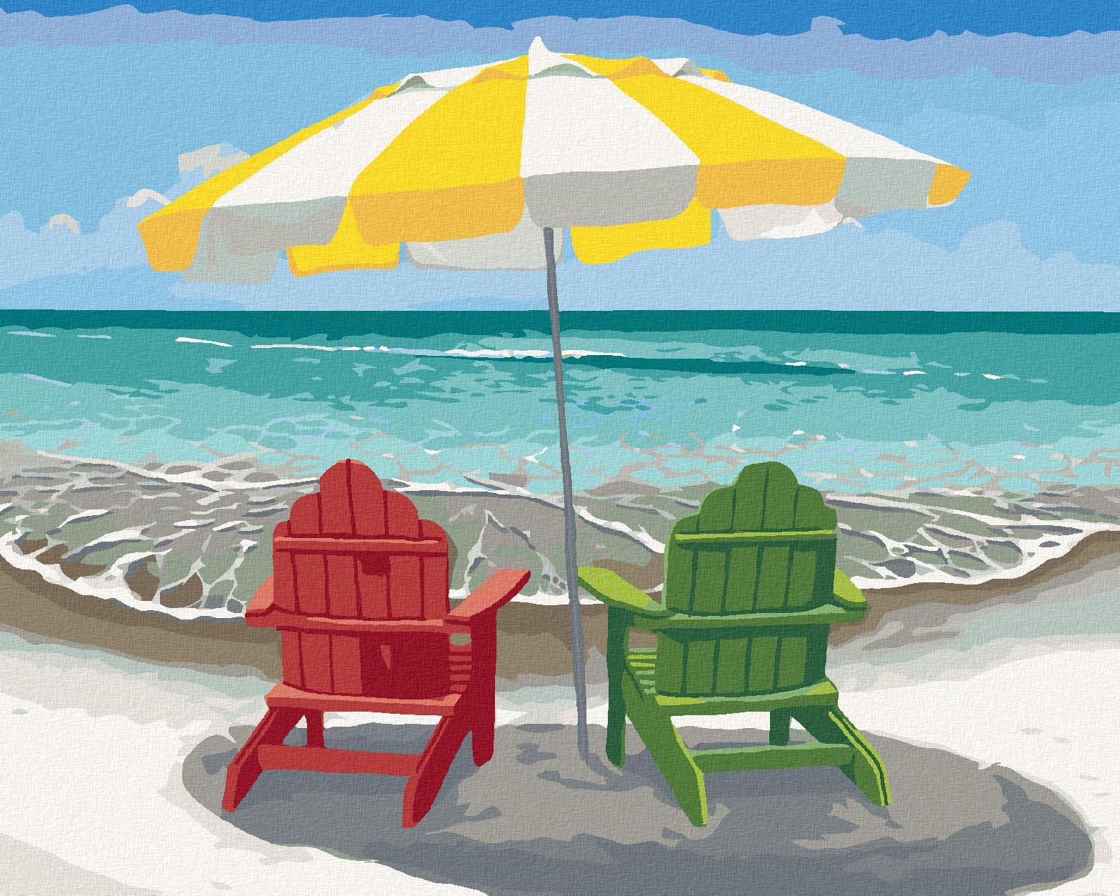 Zuty – Maľovanie Podľa Čísel – Drevená Stolička S Dáždnikom Na Pláži (Robert Johnson), 80 × 100 cm, Plátno