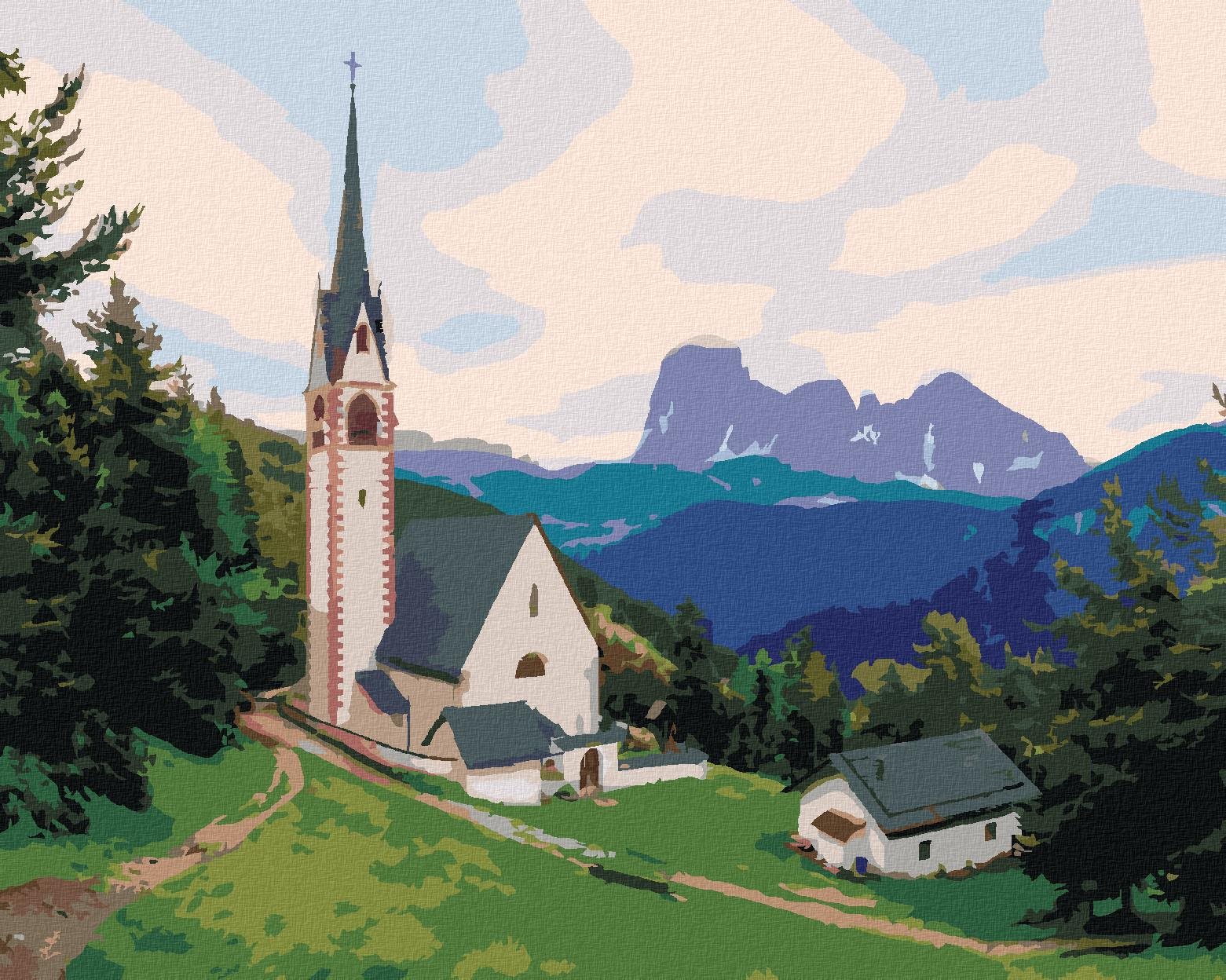 Zuty – Maľovanie Podľa Čísel – Kostol A Hora, Taliansko (Ted Davis), 40 × 50 cm, Plátno