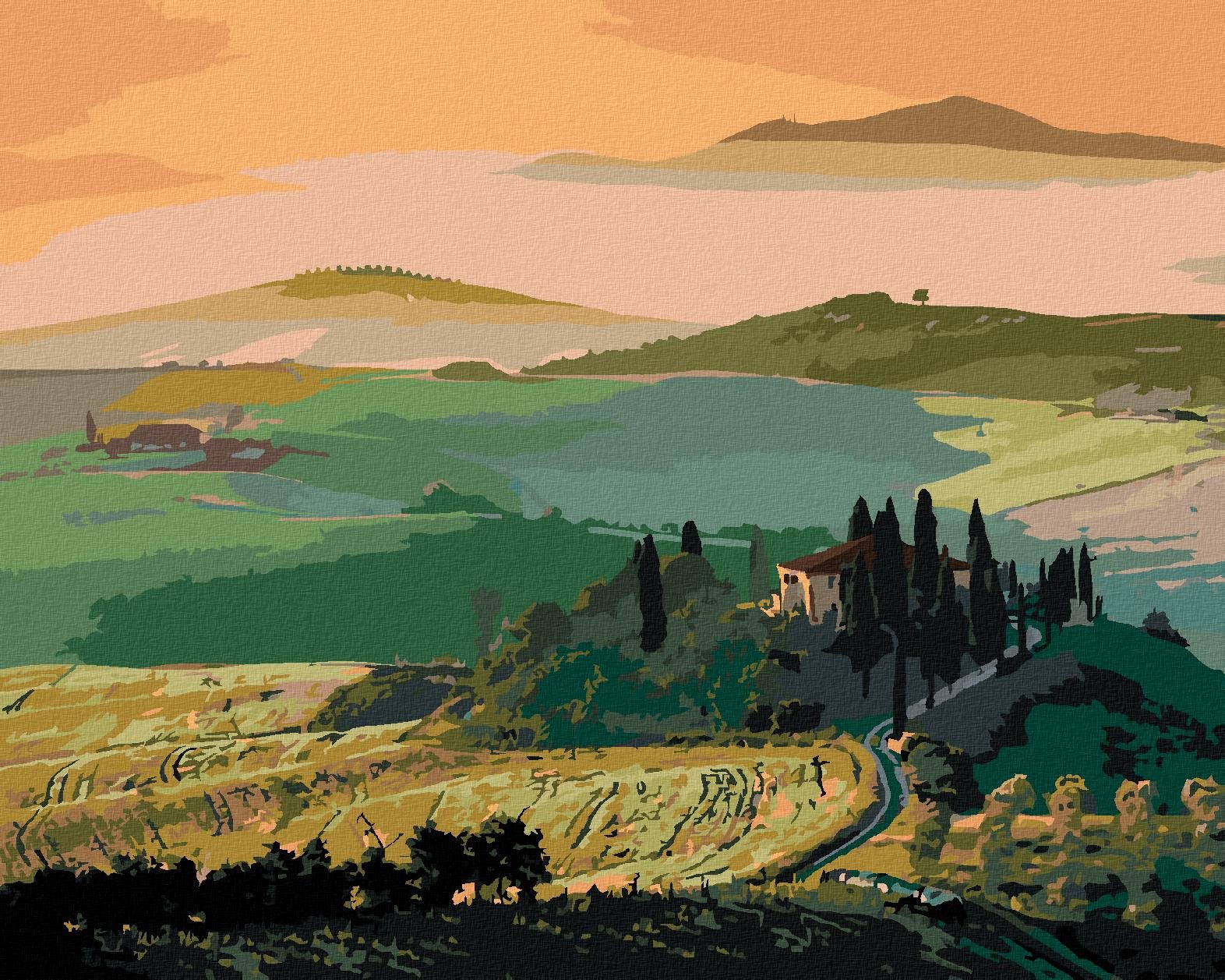 Zuty – Maľovanie Podľa Čísel – Toskánska Krajina A Východ Slnka, 40 × 50 cm, Plátno + Rám