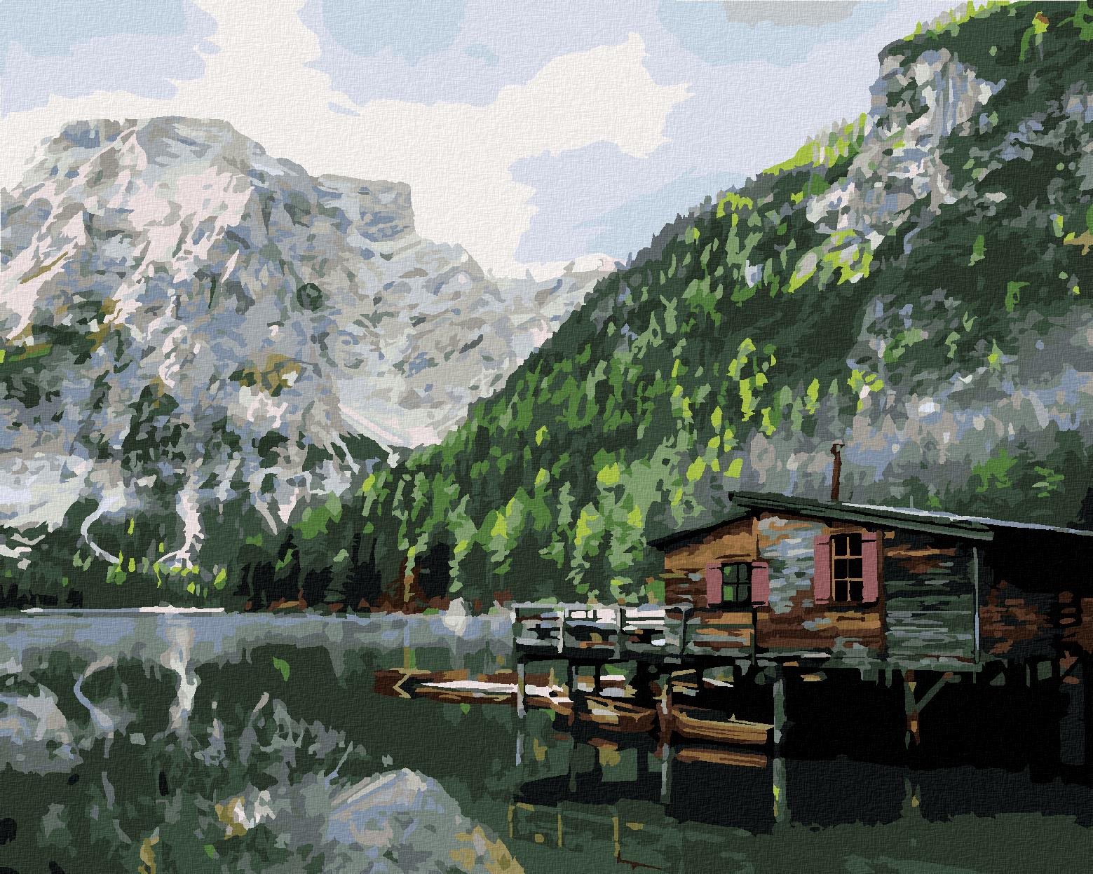 Zuty – Maľovanie Podľa Čísel – Jazero S Chatou A Loďami Taliansko Ii, 40 × 50 cm, Plátno