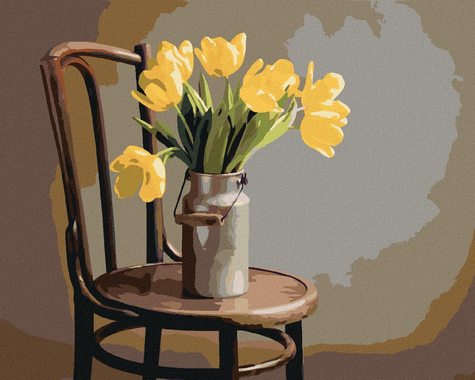 Zuty – Maľovanie Podľa Čísel – Žlté Tulipány V Kanvici Na Mlieko Na Stoličke, 80 × 100 cm, Plátno