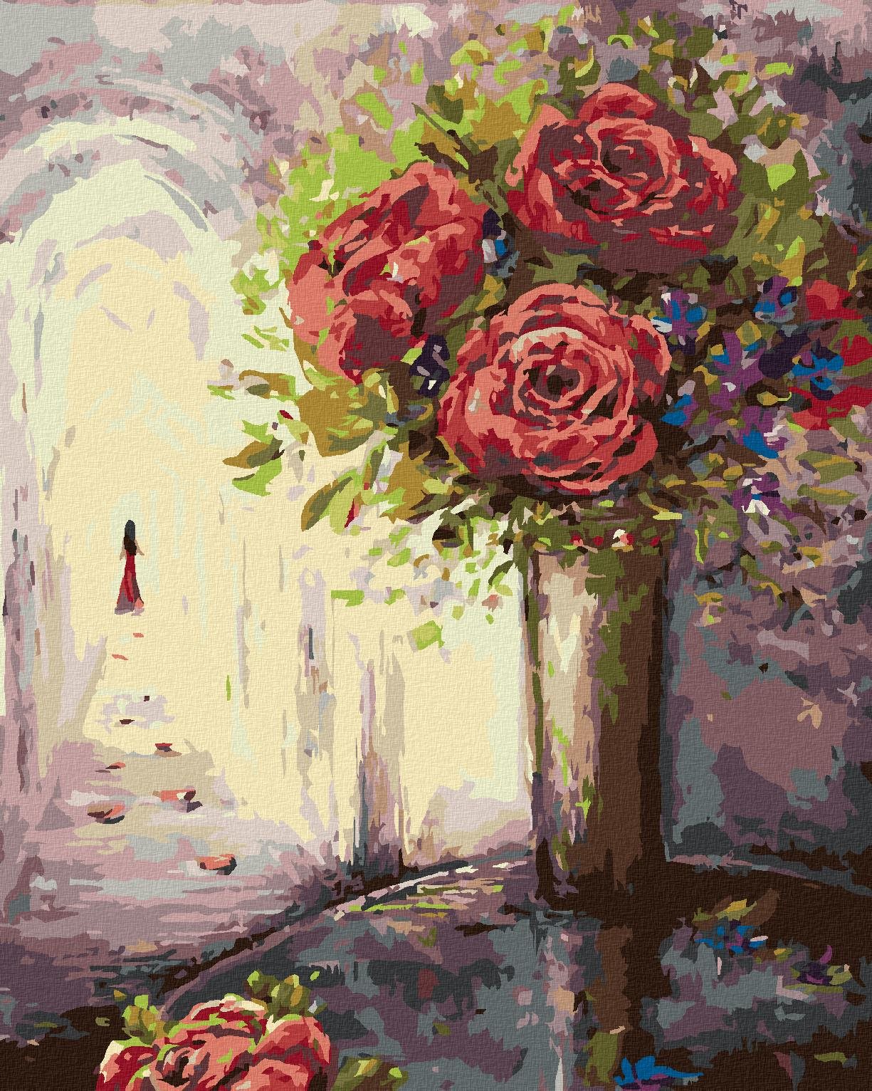Zuty – Maľovanie Podľa Čísel – Ruže Vo Váze A Žena V Diaľke, 80 × 100 cm, Plátno + Rám