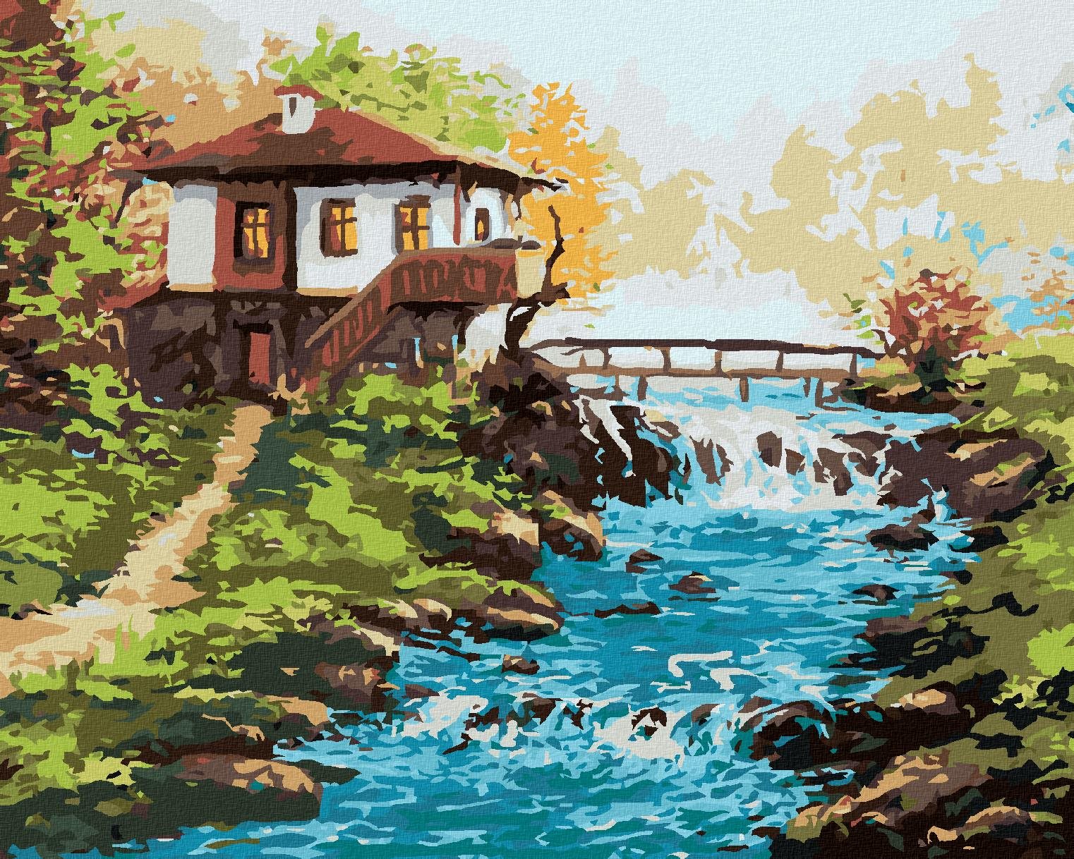 Zuty – Maľovanie Podľa Čísel – Bulharský Dom Pri Rieke V Horách, 80 × 100 cm, Plátno