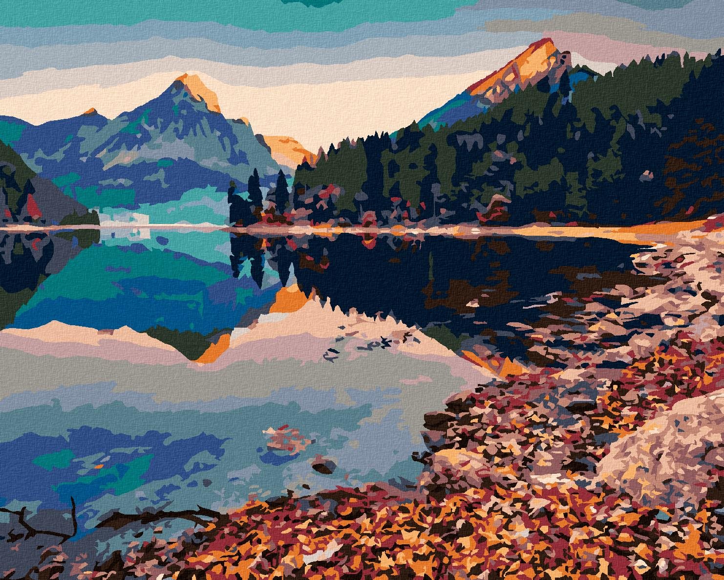 Zuty – Maľovanie Podľa Čísel – Dva Vrcholy Hôr Odrážajúce sa v jazere, 80 × 100 cm, Plátno + Rám