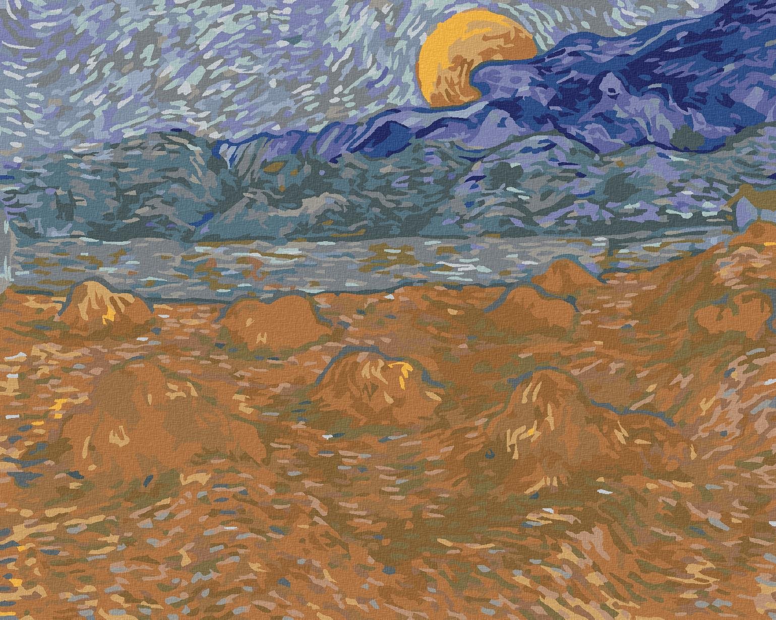 Zuty – Maľovanie Podľa Čísel – Krajina S Pšeničnými Snopmi A Vychádzajúcim Mesiacom (Vincent Van Gogh), 80 × 100 cm, Plátno + Rám