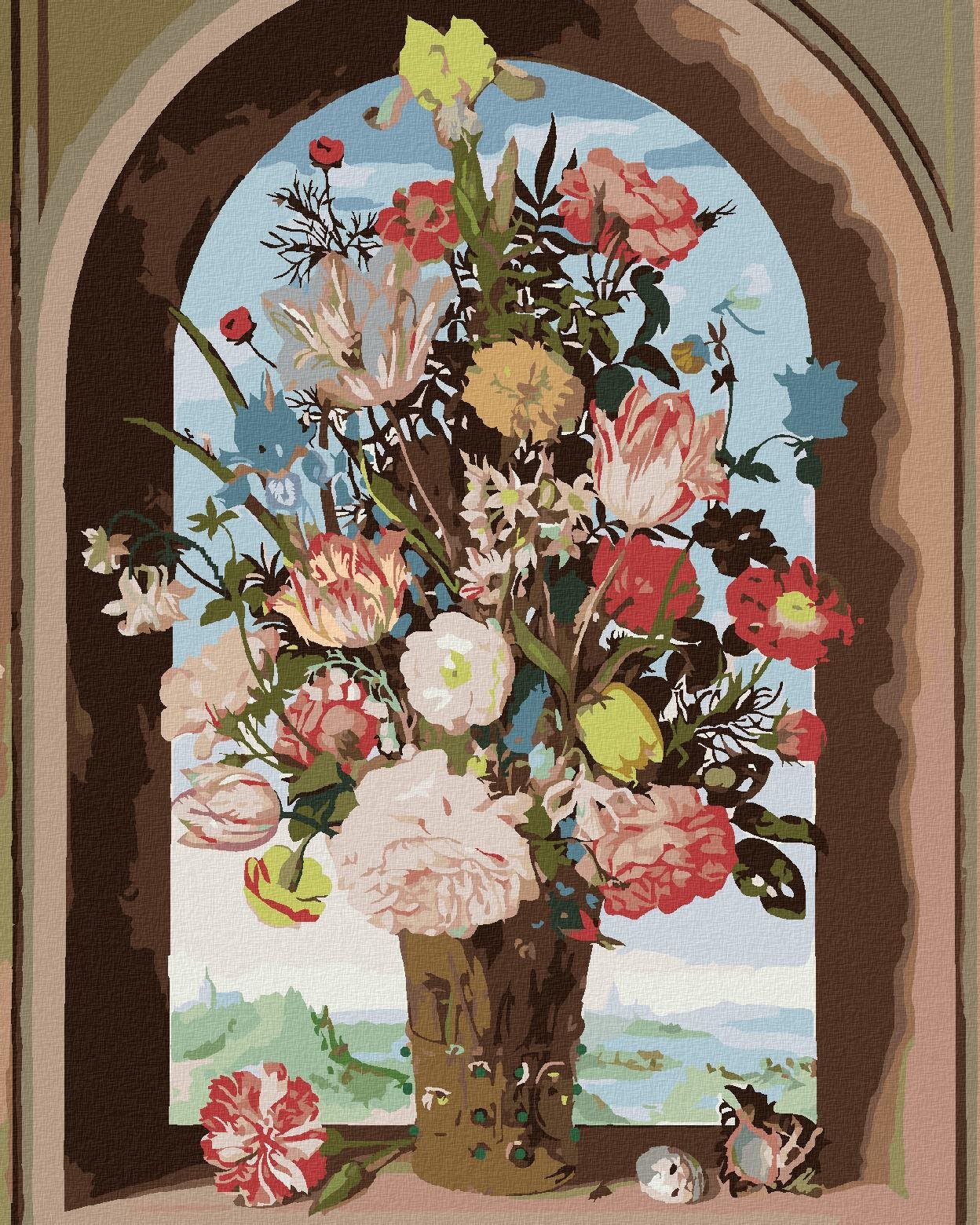 Zuty – Maľovanie podľa čísel – Váza s kvetmi v okennom výklenku (Ambrosius Bosschaert), 40 × 50 cm, plátno + rám