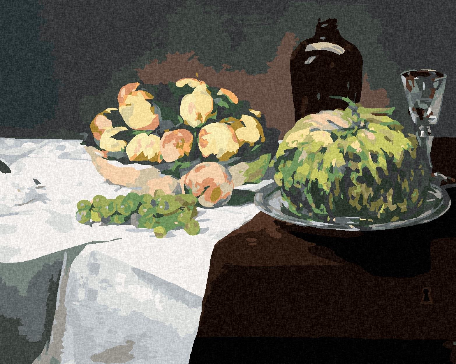 Zuty – Maľovanie Podľa Čísel – Zátišie S Melónom A Broskyňami (Édouard Manet), 80 × 100 cm, Plátno + Rám