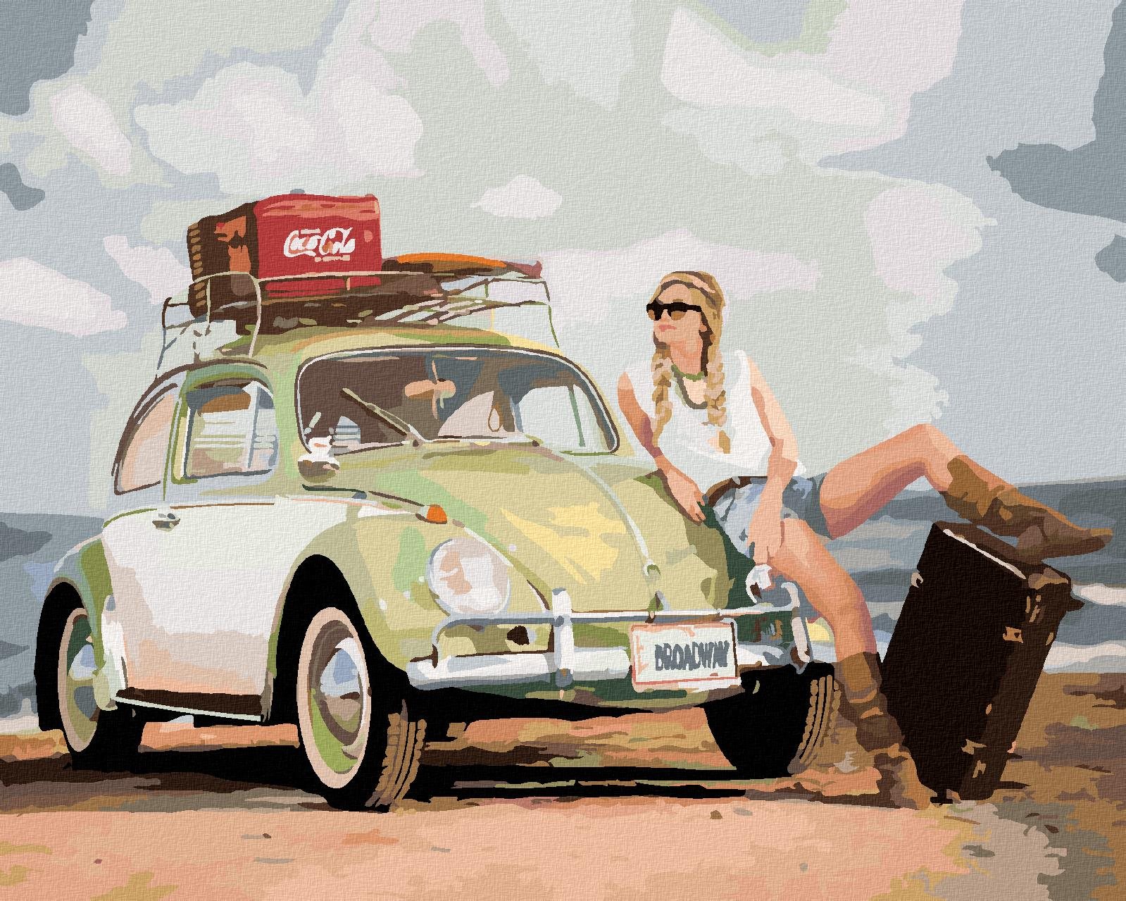 Zuty – Maľovanie Podľa Čísel – Zelené Auto Chrobák A Žena S Kufrom, 40 × 50 cm, Plátno + Rám + Rám