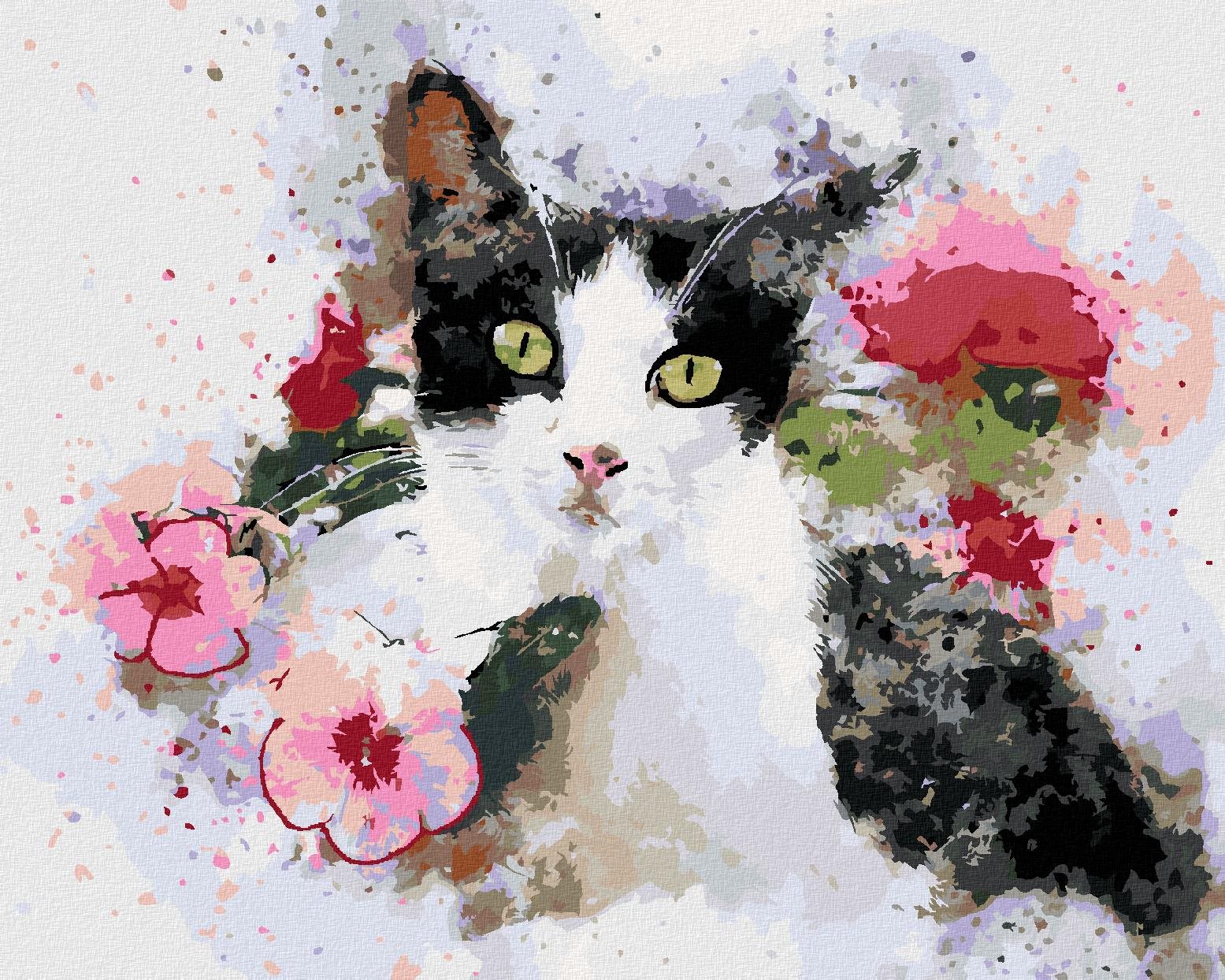 Zuty – Maľovanie Podľa Čísel – Čiernobiela Mačka A Ružové Kvety, 80 × 100 cm, Plátno + Rám