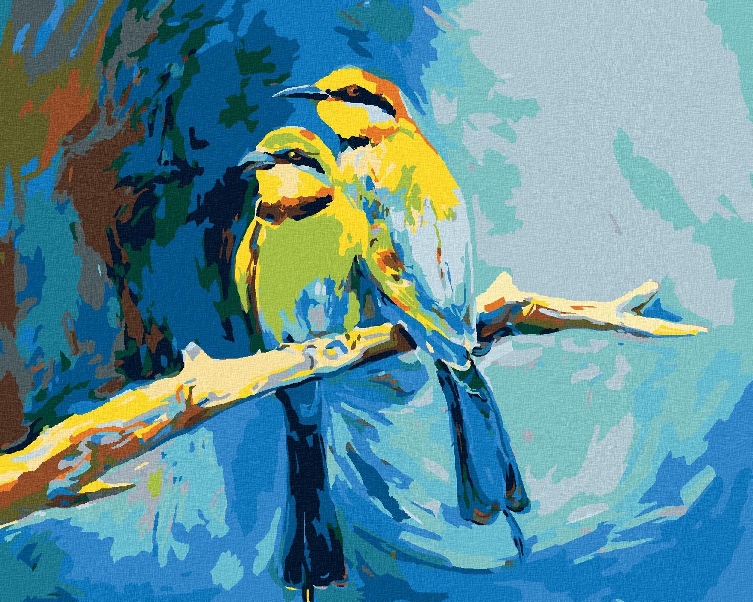 Zuty – Maľovanie Podľa Čísel – Farebné Vtáčiky Na Modrom Pozadí, 40 × 50 cm, Plátno