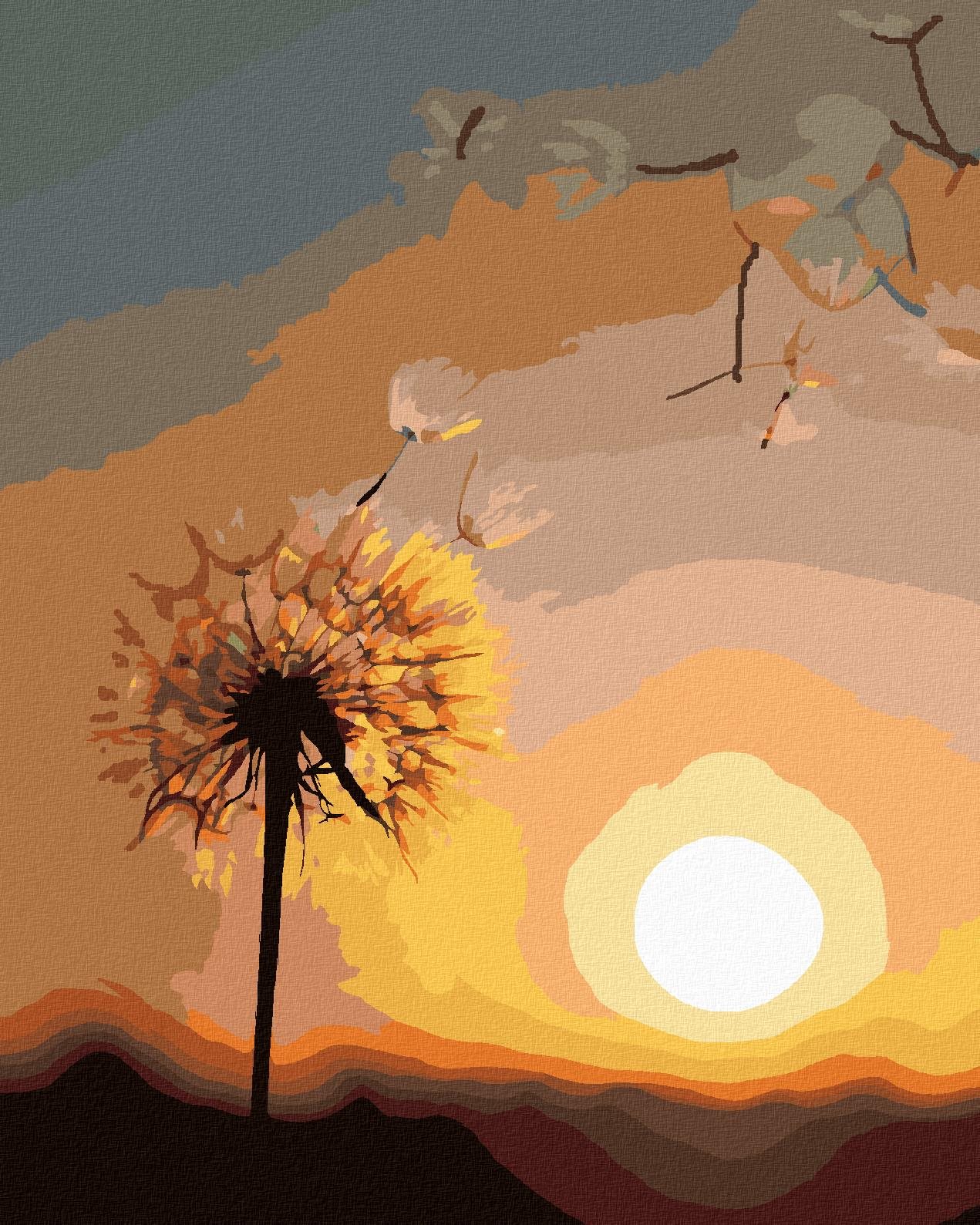 Zuty – Maľovanie Podľa Čísel – Púpava A Zapadajúce Slnko, 40 × 50 cm, Plátno + Rám