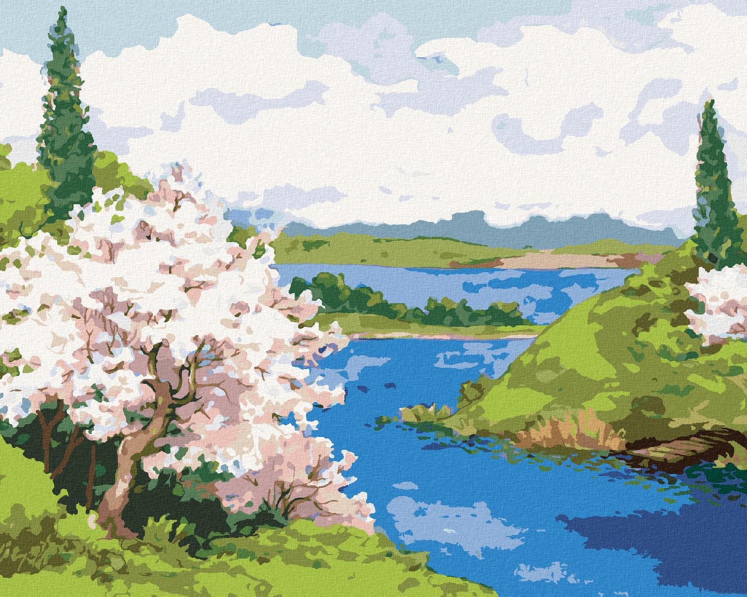 Zuty – Maľovanie Podľa Čísel – Kvitnúce Stromy Na Brehu Kľukatej Rieky, 40 × 50 cm, Plátno